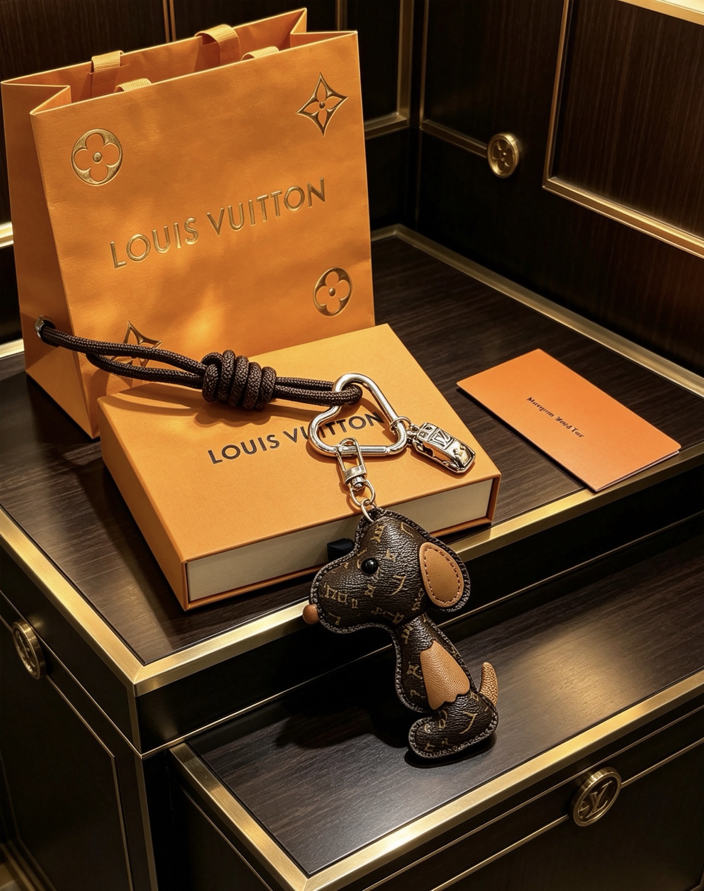 Louis Vuitton Anger Forest Dog Charm Keychain pendant Silver-tone metal dark brown monogram coated canvas tan leather accents black braided cord black enamel eye detail 18cm braided lanyard
