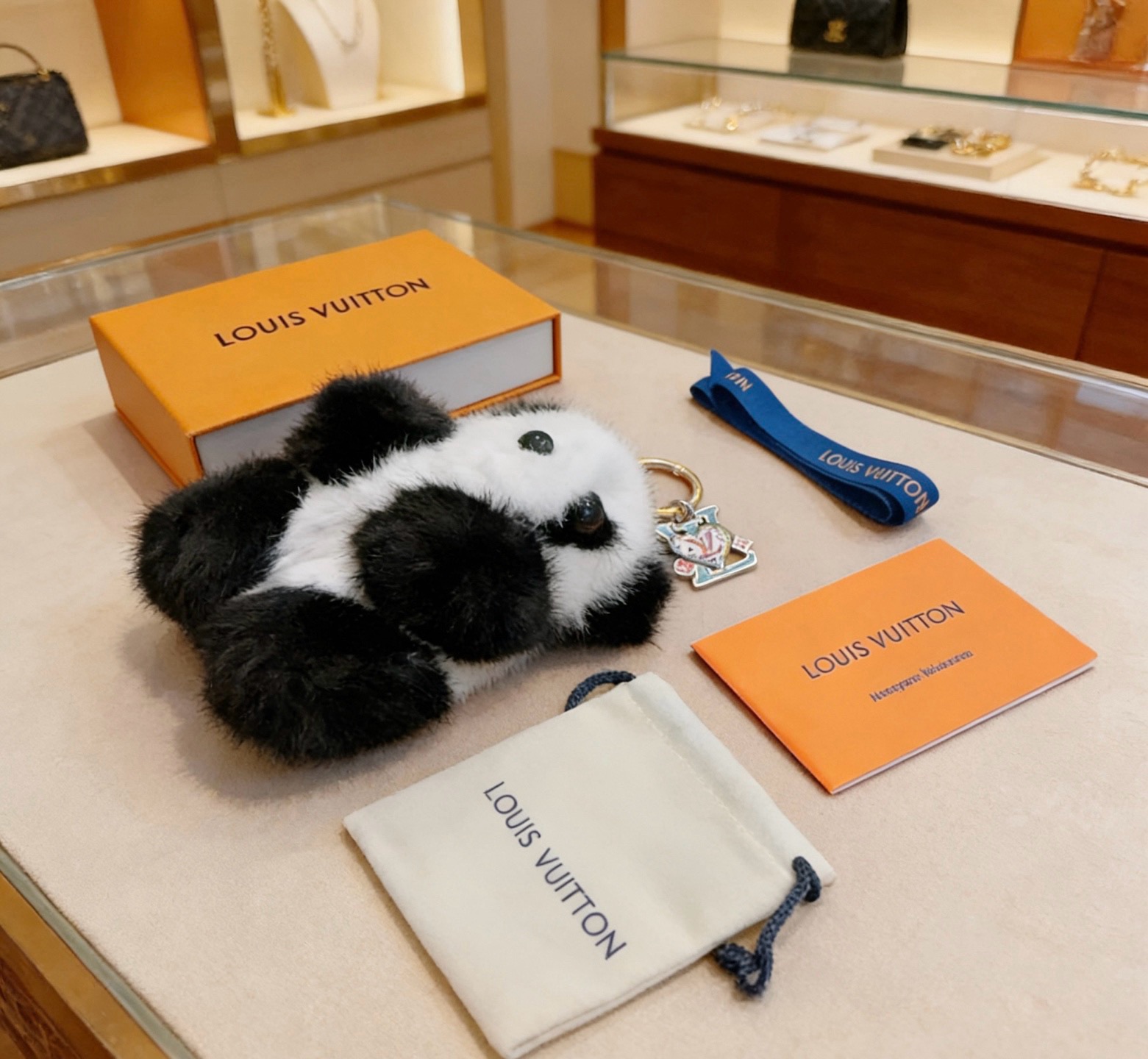 Louis Vuitton Anger Forest Panda Keychain Charm pendant black and white plush fur gold tone metal hardware multicolor enamel charm 12cm plush charm with 3cm key ring