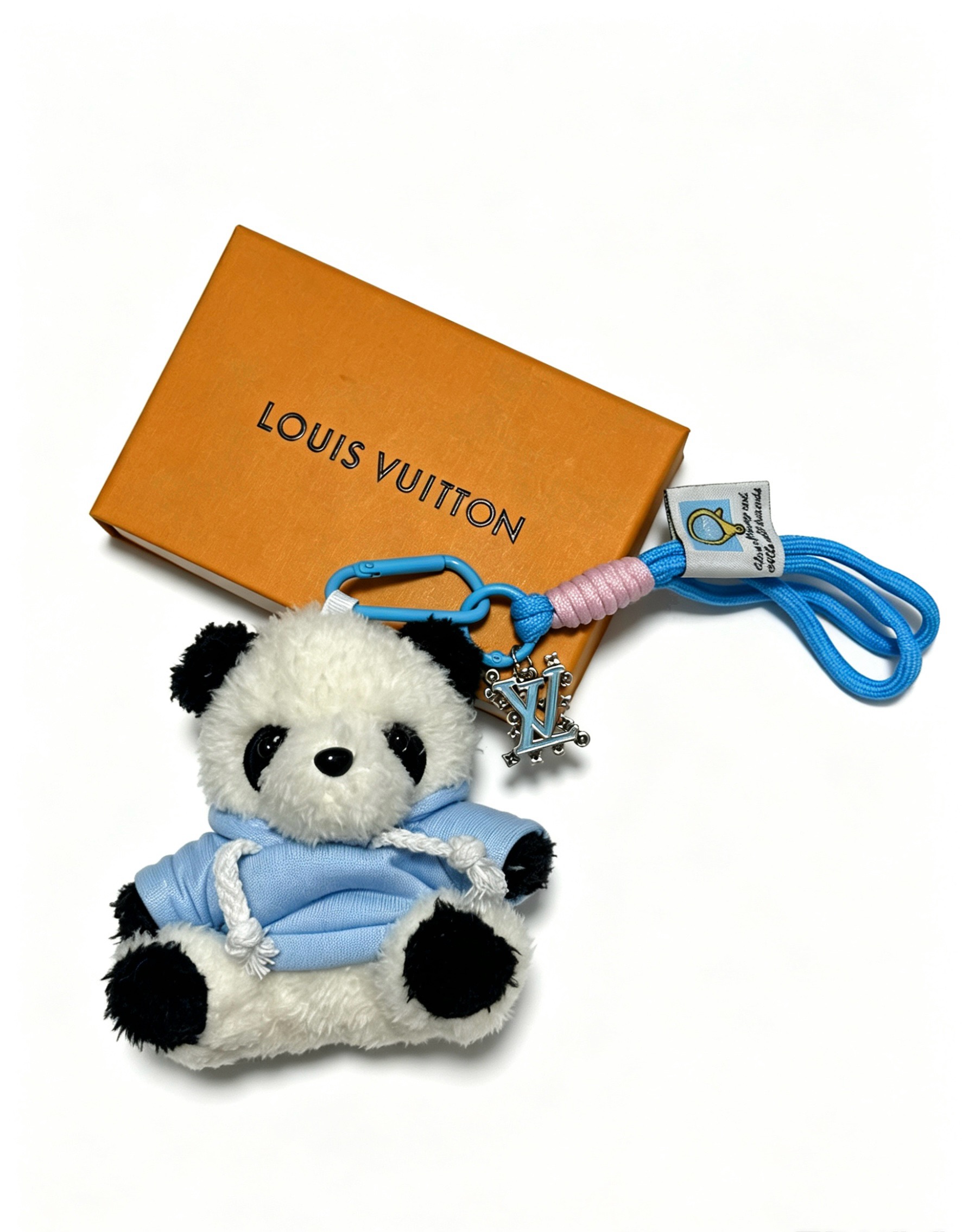 Louis Vuitton Anger Forest Panda Charm pendant silver-tone metal blue cord pink cord wrap black and white plush light blue fabric 12cm total length