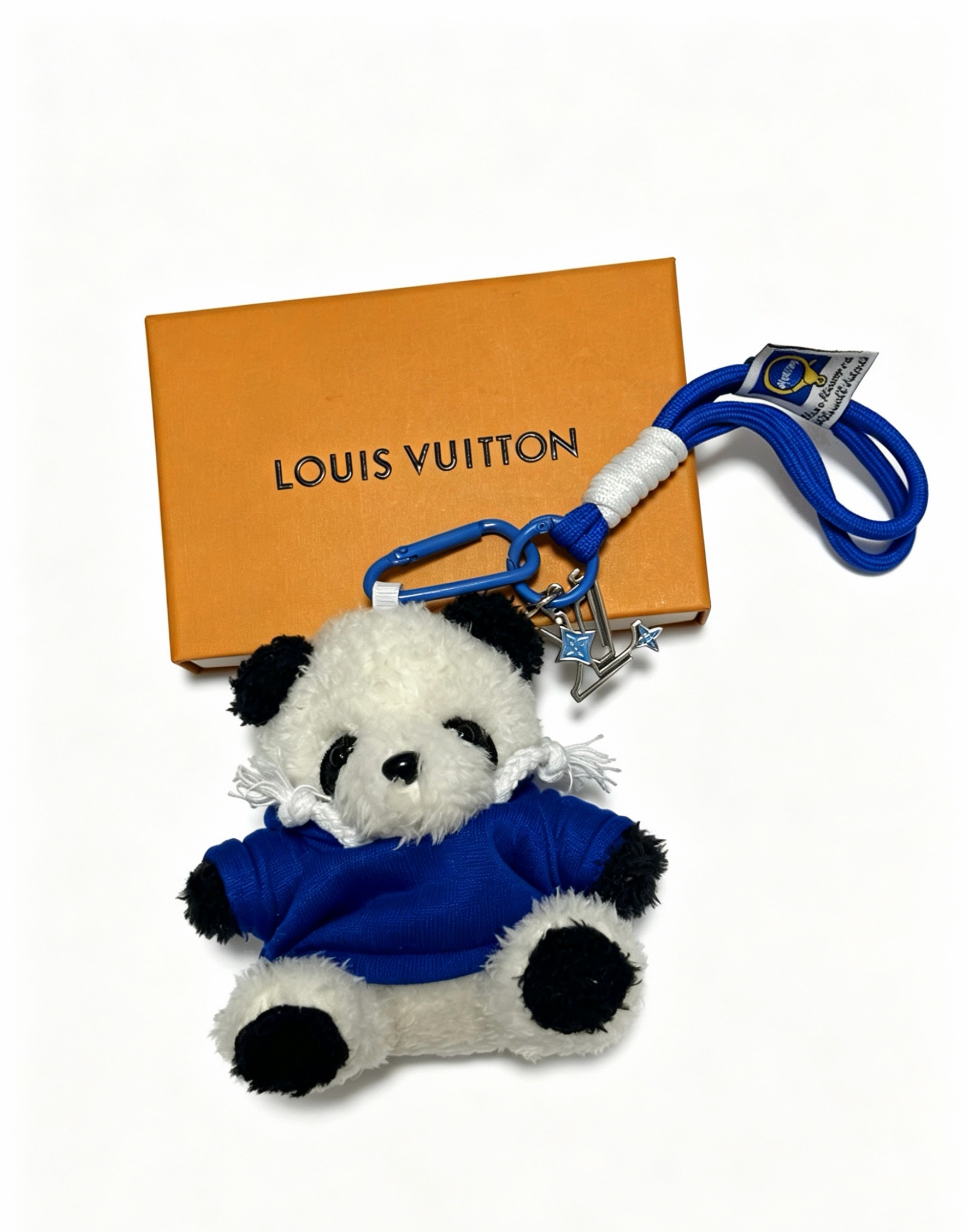 Louis Vuitton Anger Forest Panda Charm Keychain pendant Silver-tone metal with blue enamel accents blue and white cord black and white plush with blue fabric clothing 18cm strap length