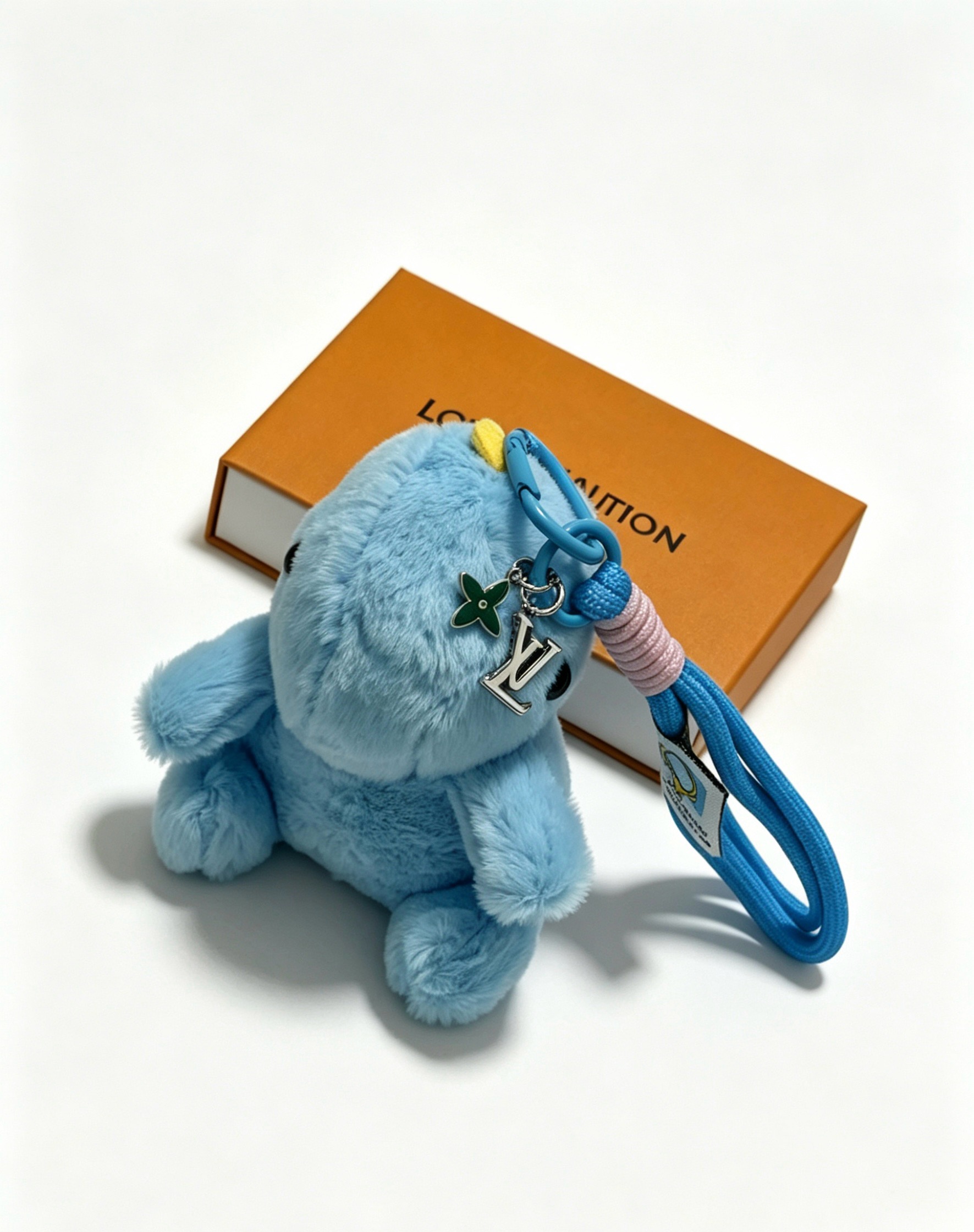 Louis Vuitton Anger Forest Plush Charm pendant light blue plush silver-tone metal green enamel pink cord accent yellow accent 12cm strap length