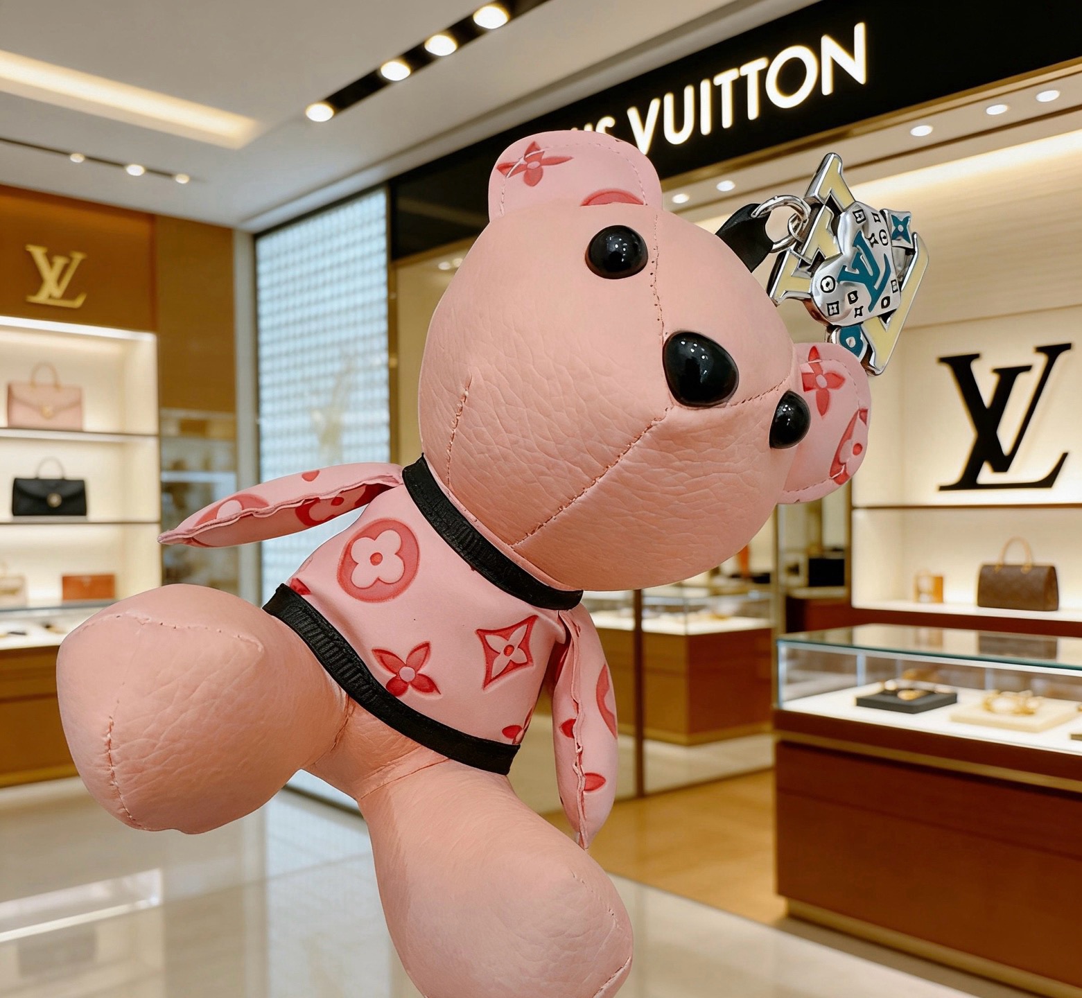 Louis Vuitton Anger Forest Bear Charm pendant Pink leather with red monogram print silver-tone metal with blue and white enamel accents black plastic eyes and nose 12cm