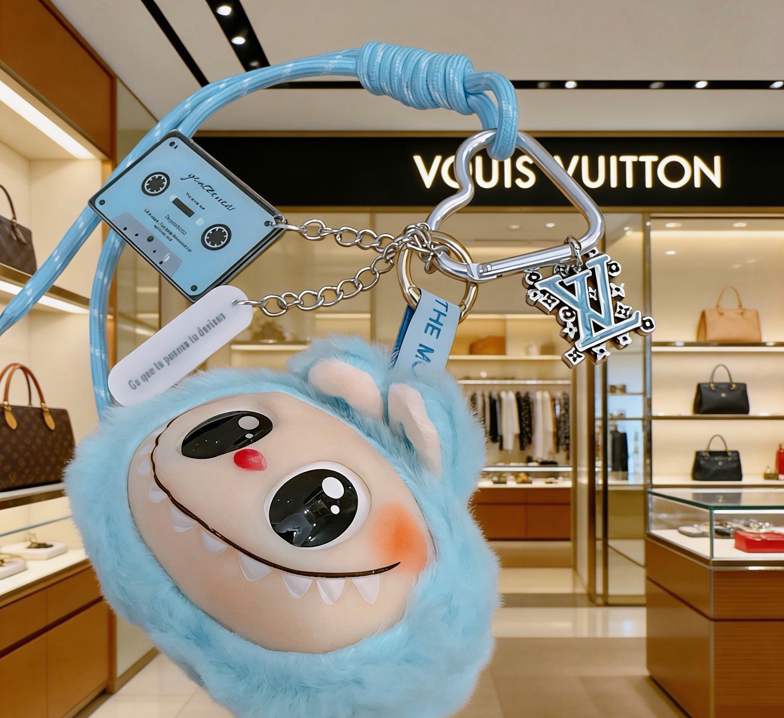 Louis Vuitton Anger Forest pendant light blue plush silver metal beige vinyl black enamel red enamel 18cm