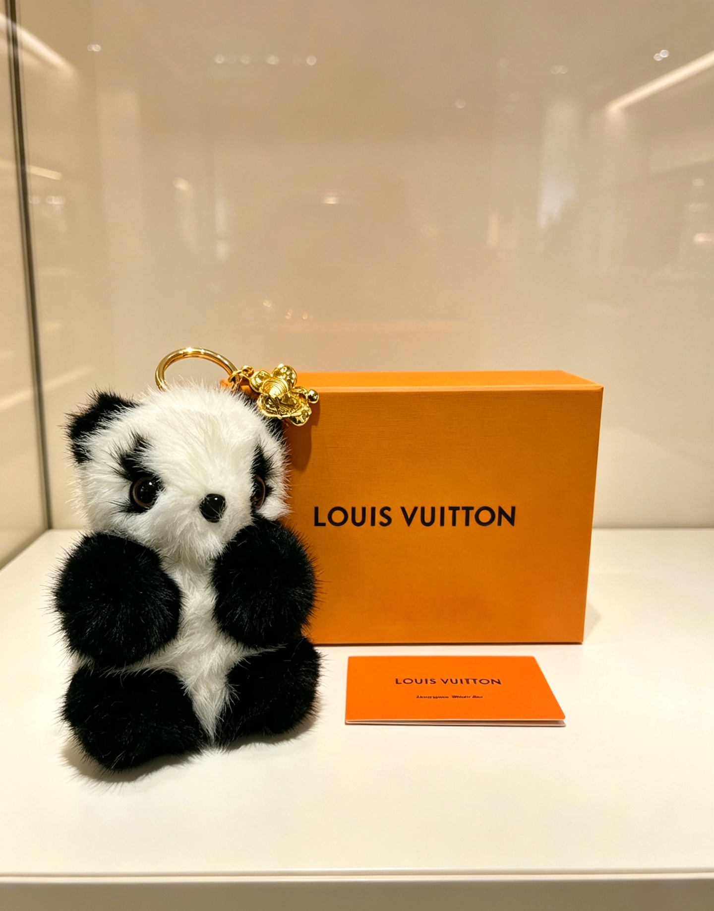 Louis Vuitton Anger Forest Panda Keychain Charm pendant Gold tone metal black and white fur black resin eyes and nose 12cm