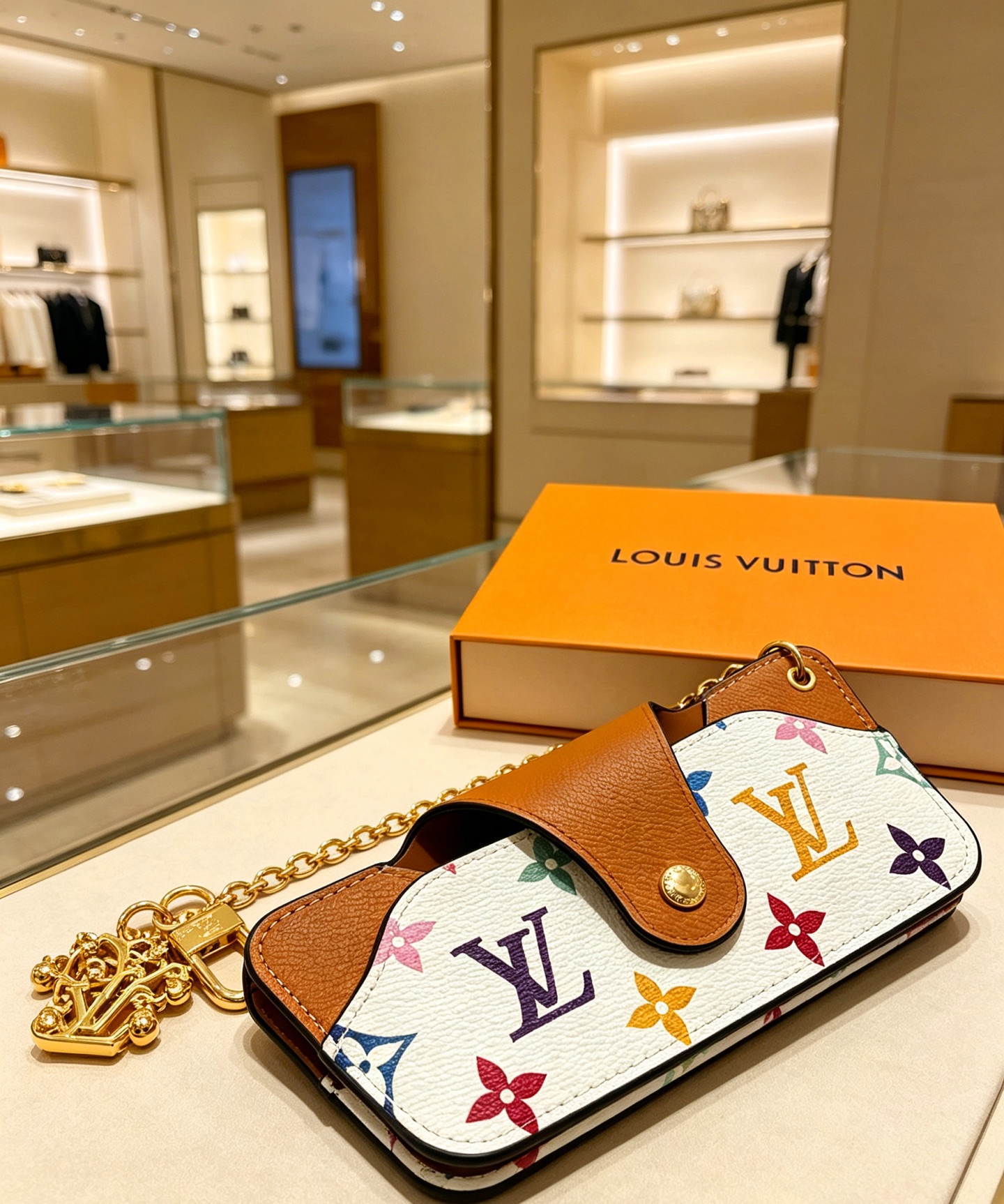 Louis Vuitton Anger Forest Multicolor Monogram Glasses Case Keychain pendant Gold-tone metal white coated canvas with multicolor monogram print tan leather trim 15cm chain length