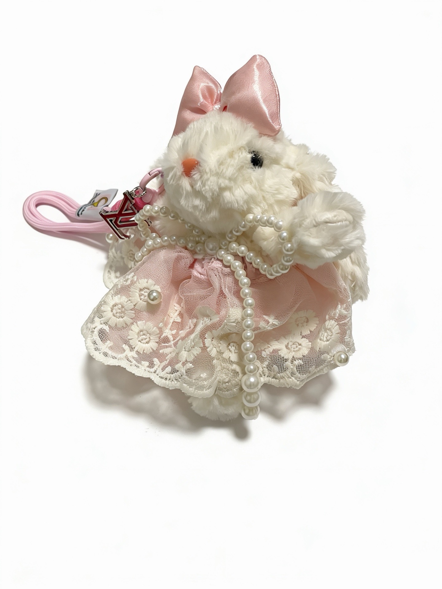 Louis Vuitton Anger Forest Bunny Charm pendant Pink enamel metal white faux pearl cream plush pink satin and lace 12cm total length with lanyard