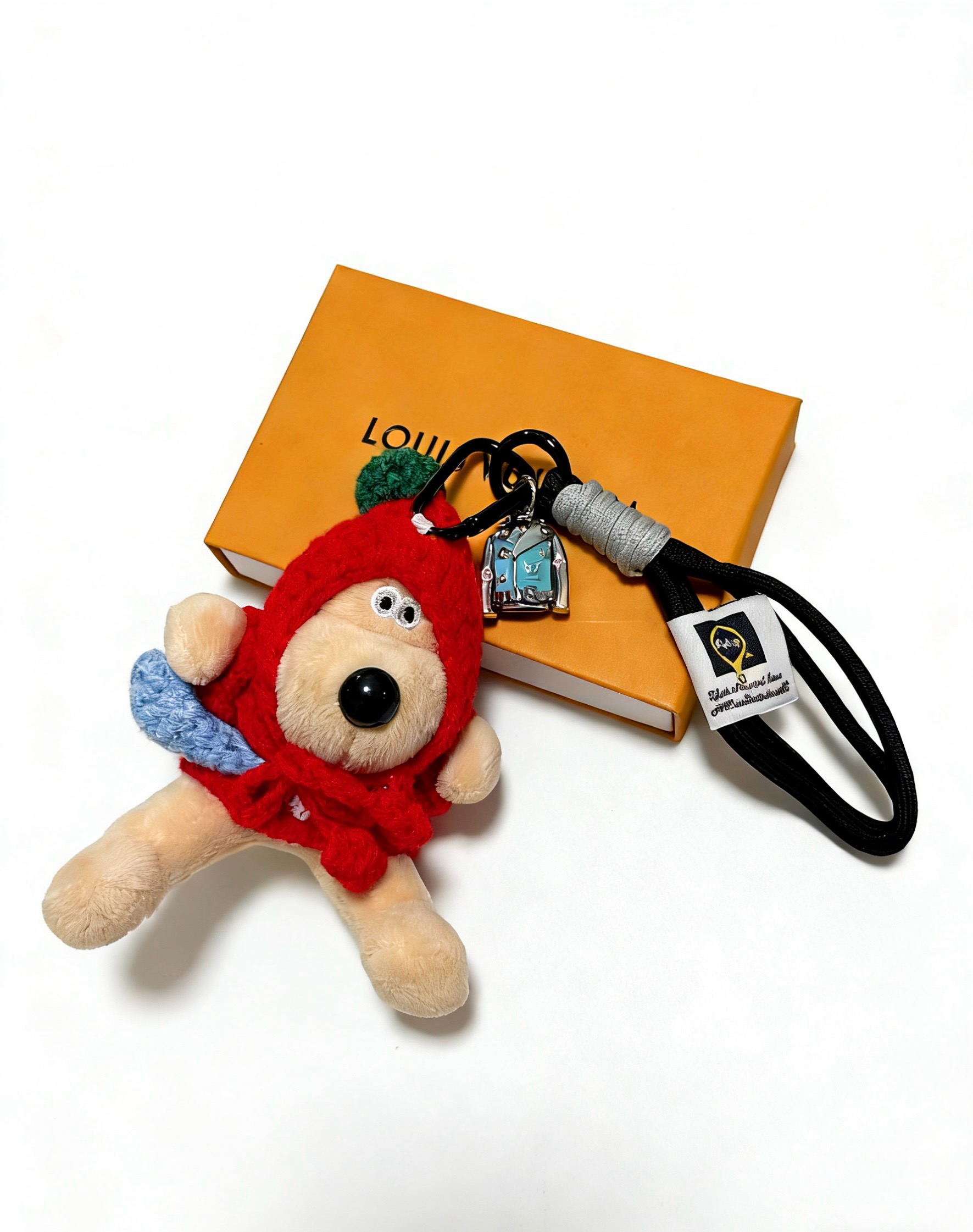 Louis Vuitton Anger Forest Plush Dog Keychain pendant beige plush red knit light blue knit green pom black cord gray wrap silver metal blue enamel charm 12cm strap length