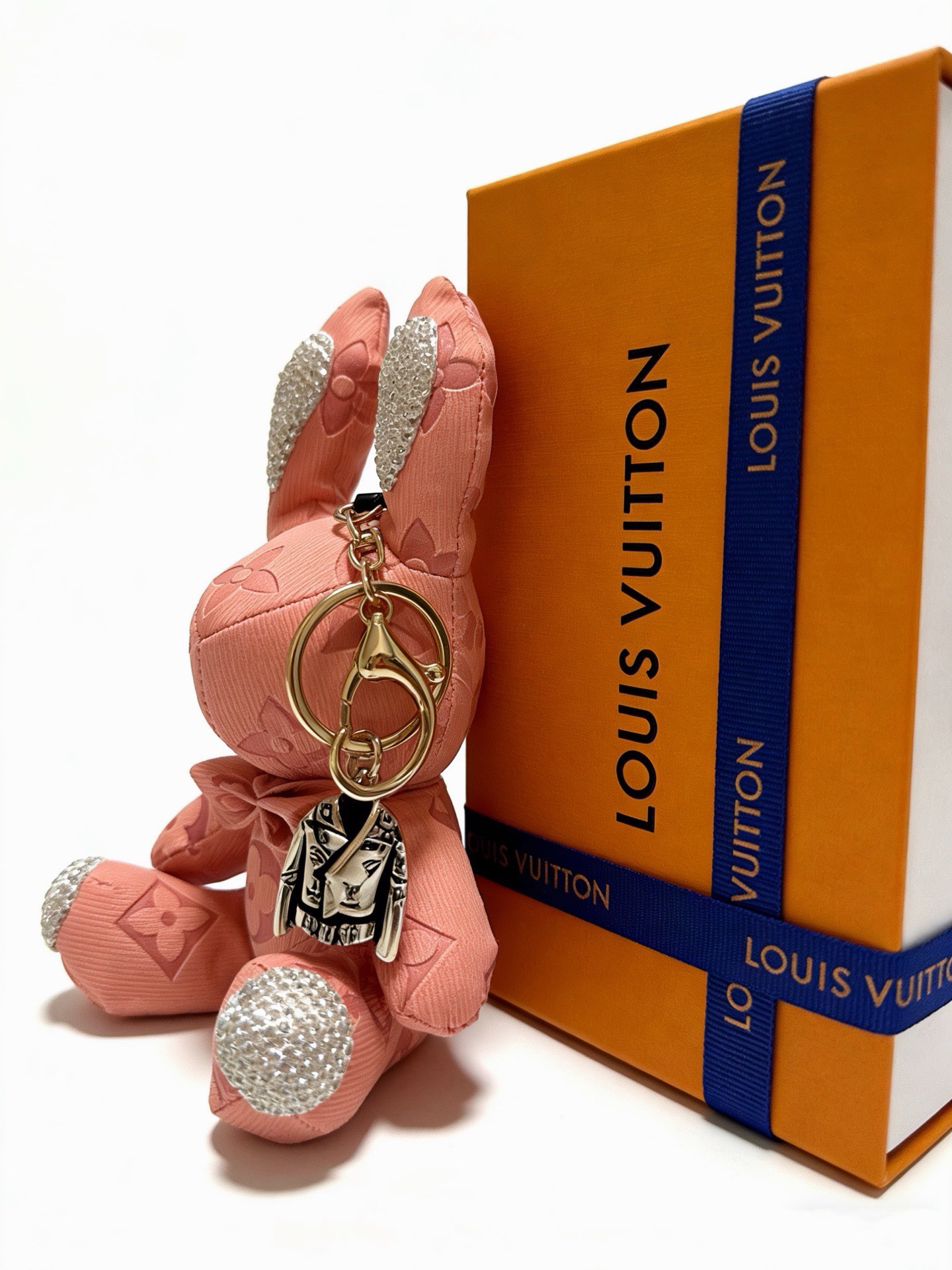 Louis Vuitton Anger Forest Bunny Keychain Charm pendant Pink monogram fabric gold-tone metal hardware silver-tone jacket charm clear crystal accents 12cm total length