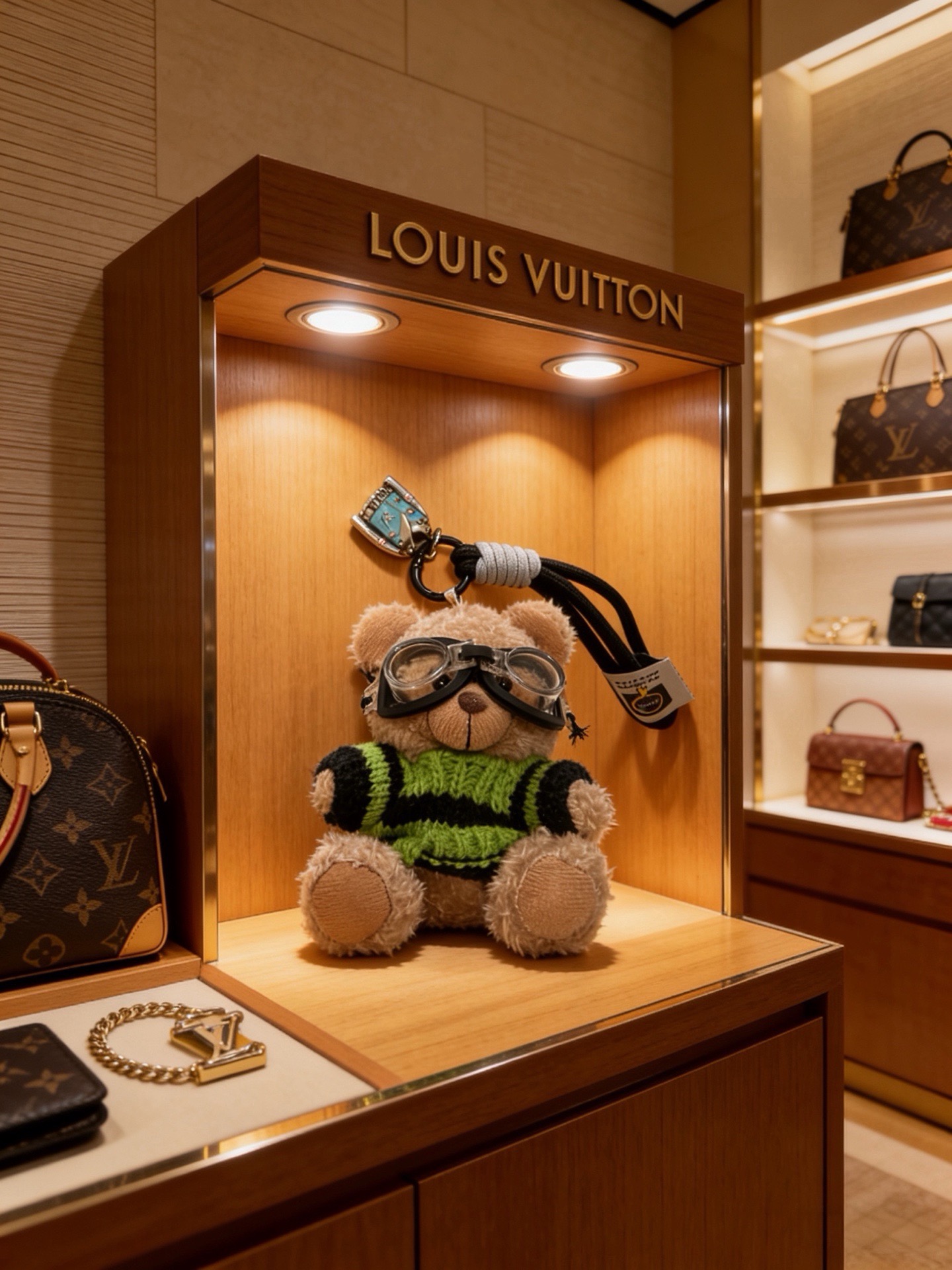 Louis Vuitton Anger Forest Pilot Teddy Bear Charm pendant Beige plush teddy black and bright green knit sweater black goggles black fabric strap with silver metal hardware blue enamel LV tag 12cm total strap length