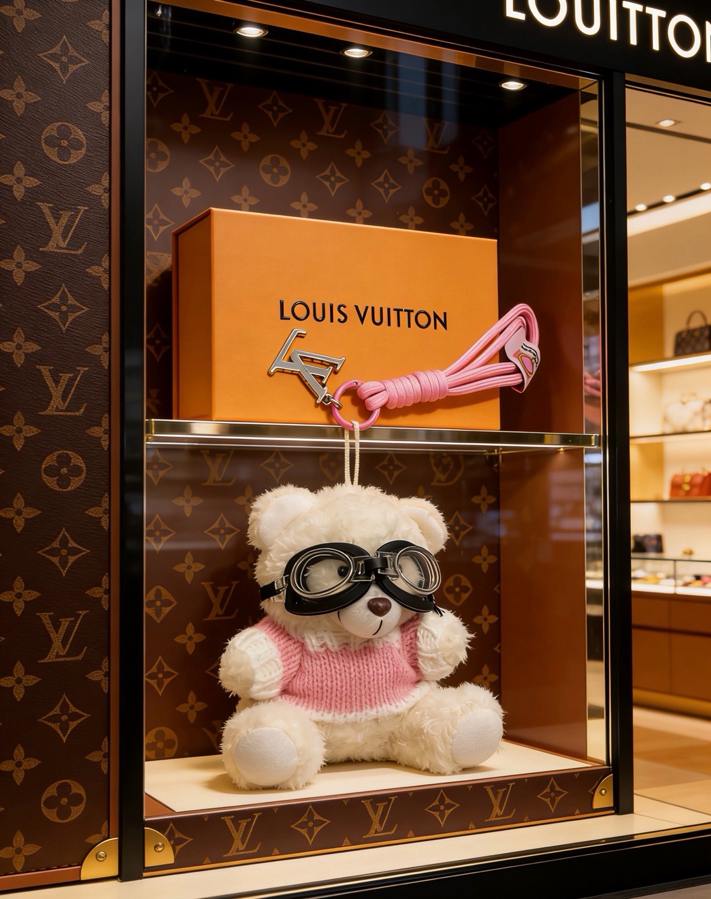 Louis Vuitton Anger Forest Pilot Bear Bag Charm pendant Silver-tone metal hardware pink braided cord cream white plush pink knit sweater black and clear goggles 12cm charm with 10cm pink cord strap