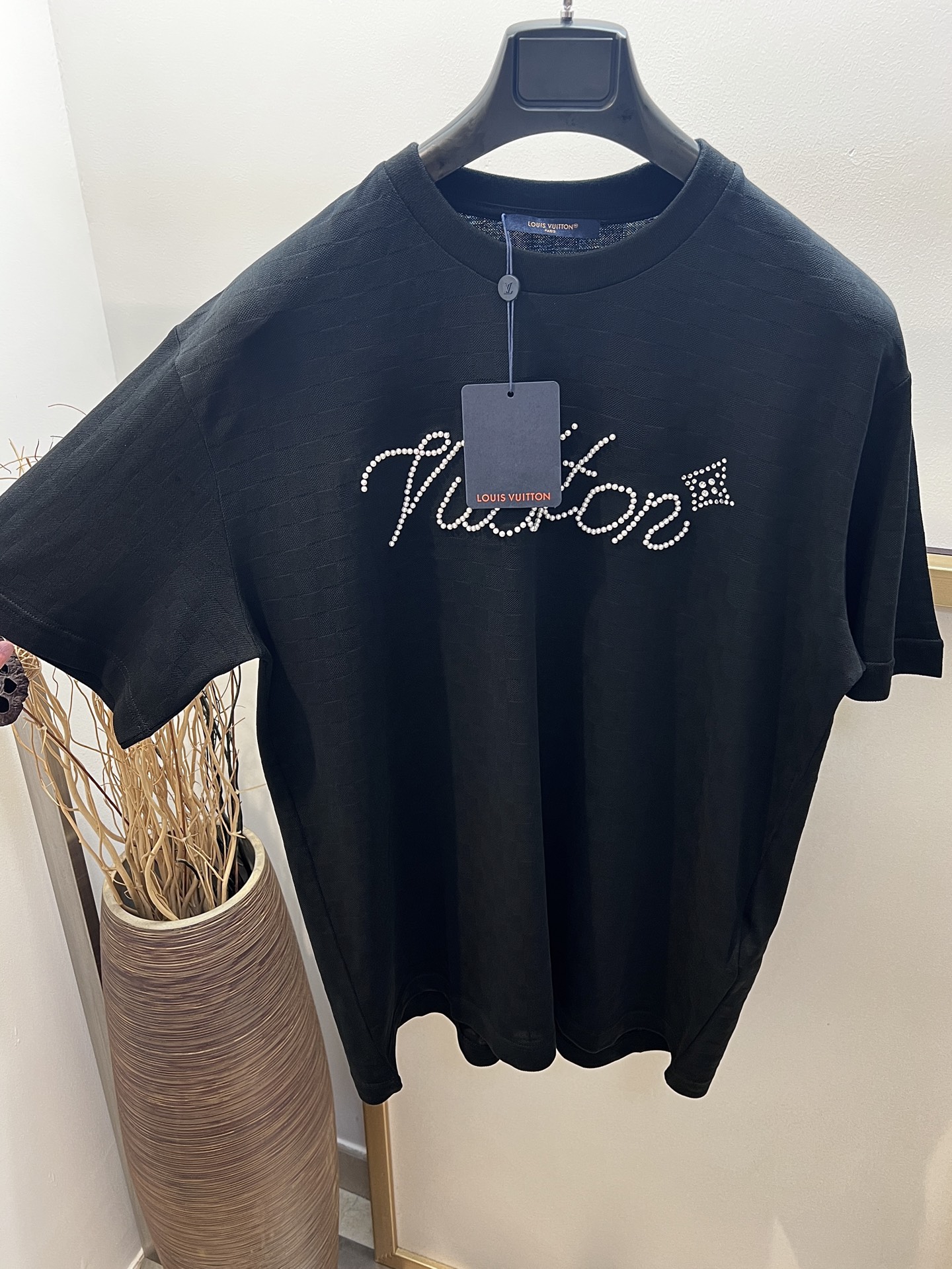Louis Vuitton 2025FW Black Cotton Jacquard T-Shirt Beaded Hot Drill Short Sleeve 1 i1750749776343 5451 0 0
