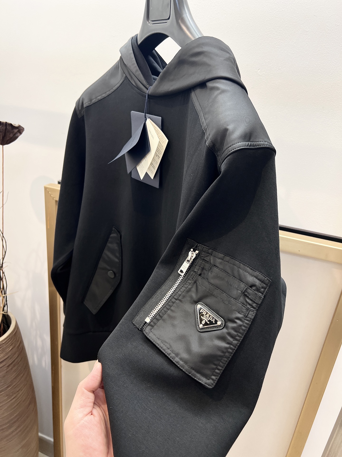 Prada Black Cotton Blend Hoodie With Leather Details - Casual & Stylish 4 i1757135288942 6069 0 2