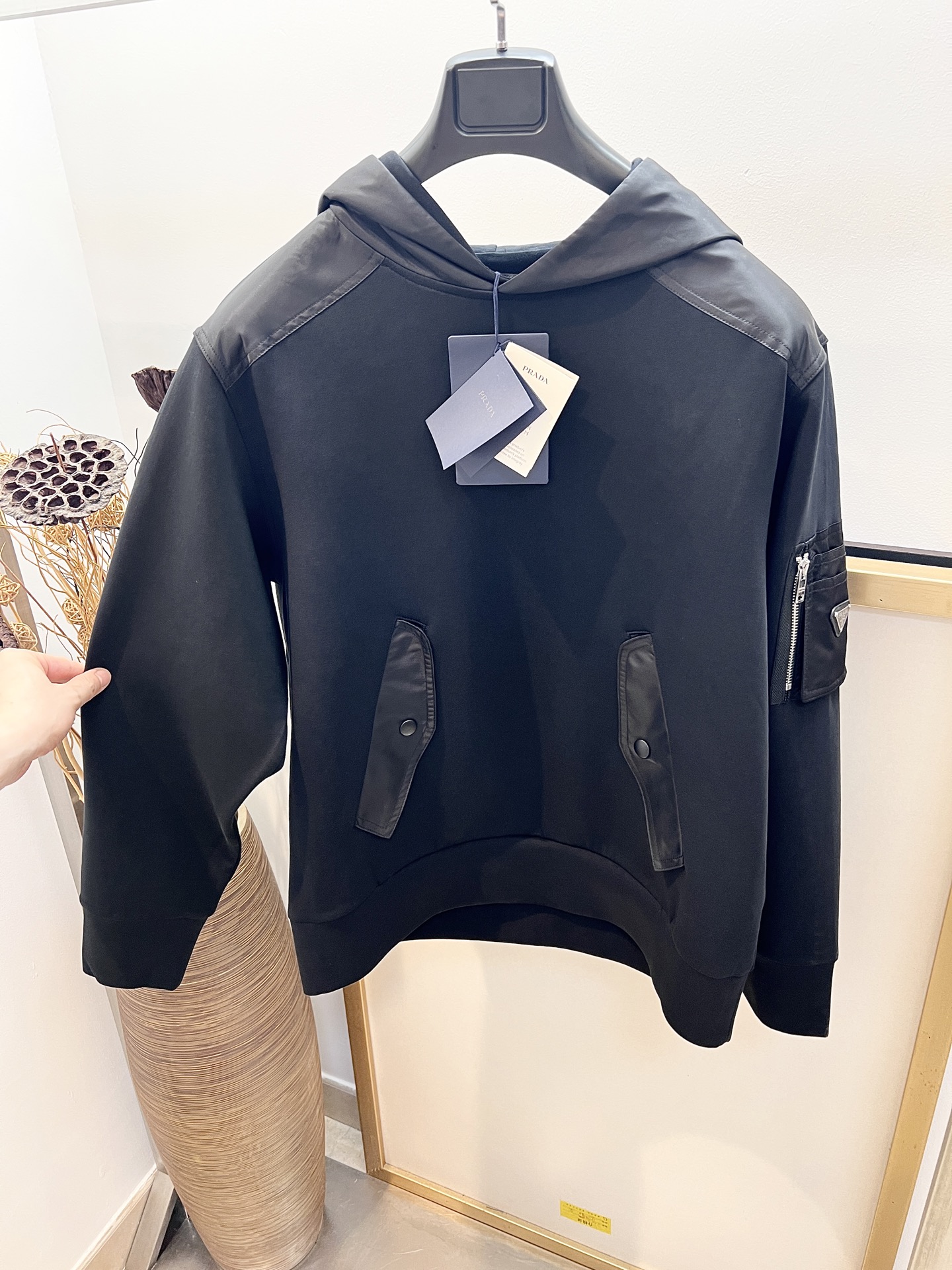 Prada Black Cotton Blend Hoodie With Leather Details - Casual & Stylish 3 i1757135288952 7030 0 1