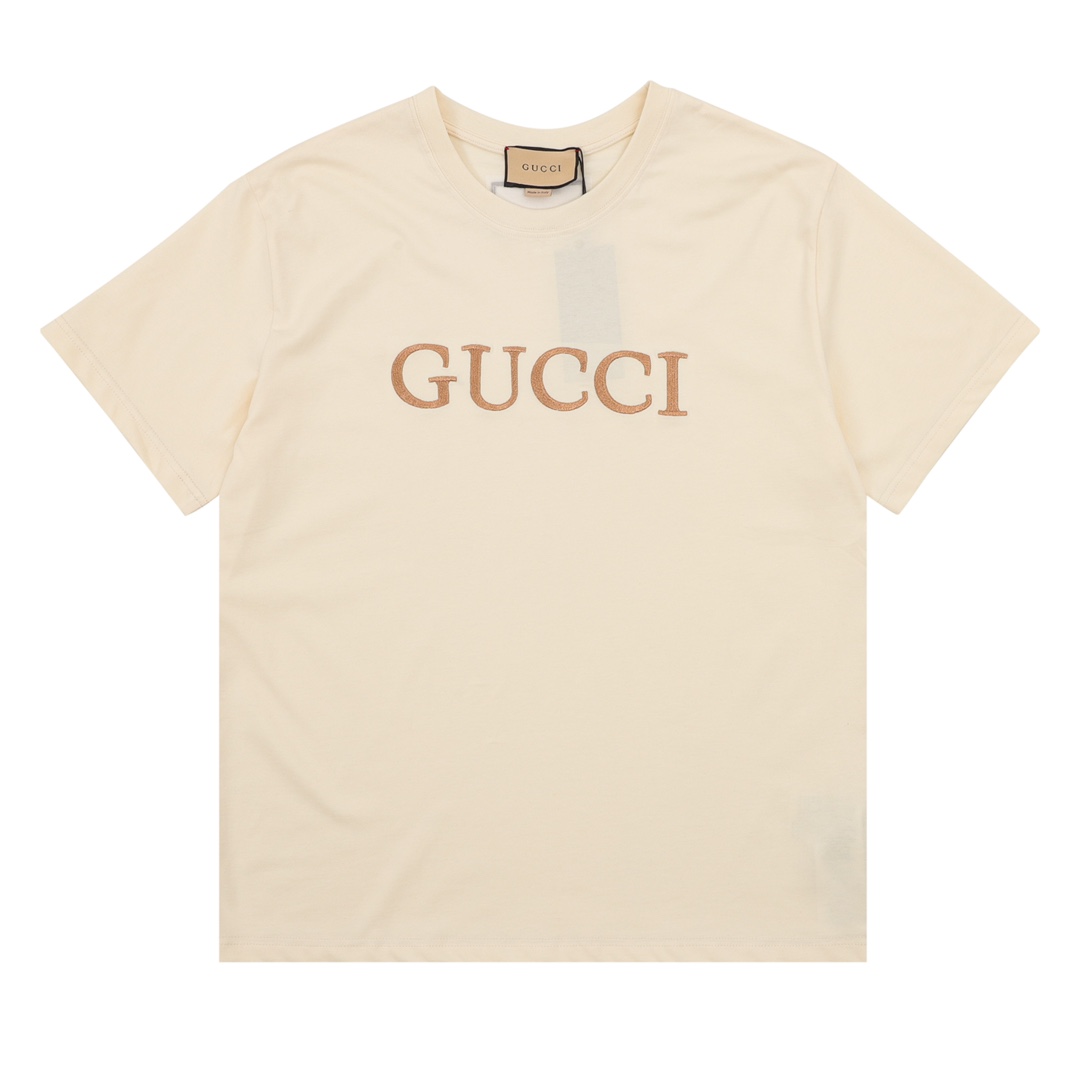GUCCI/古驰 玫瑰金logo绣线情侣款短袖TEE