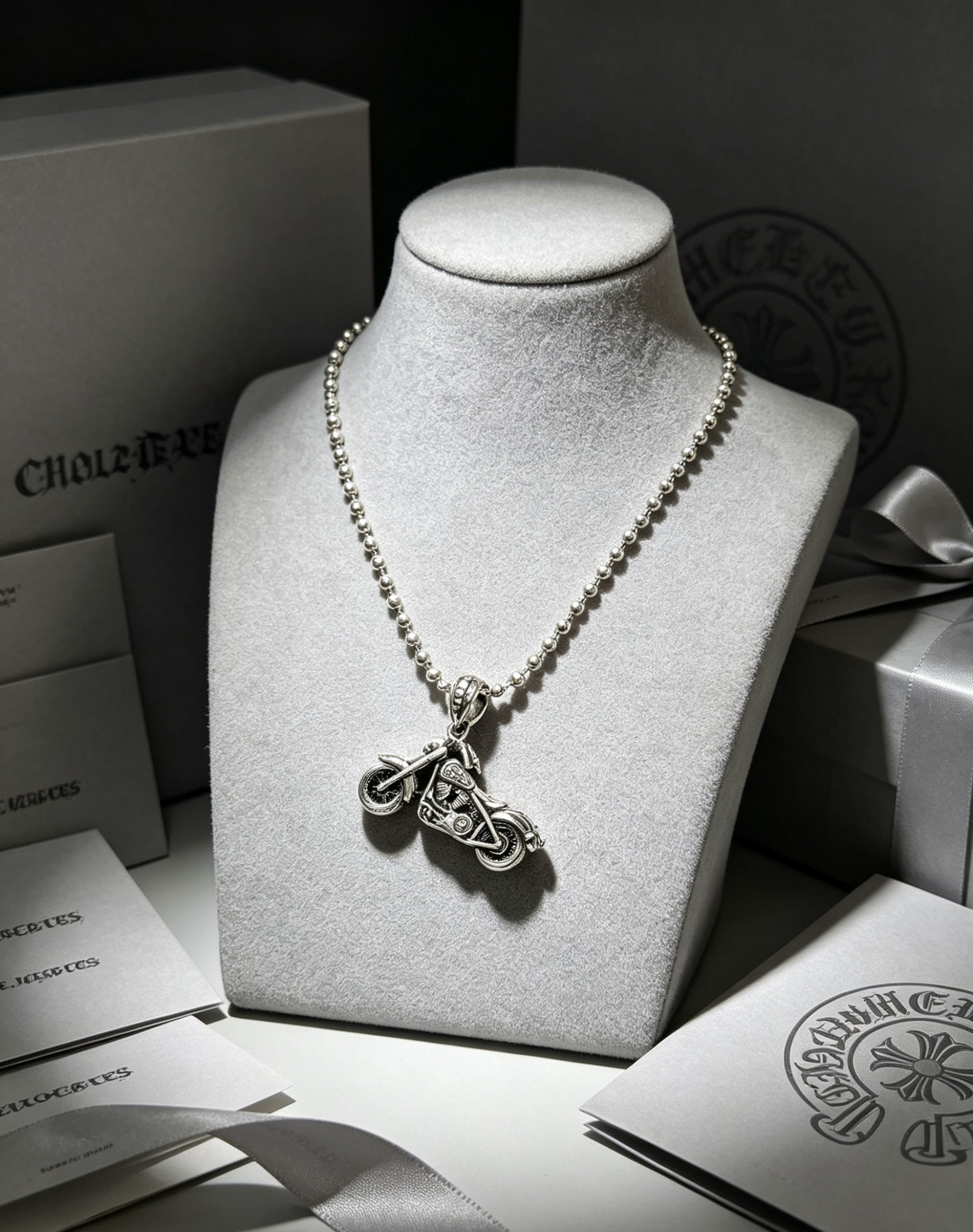 Chrome Hearts 克罗心摩托车吊坠项链 机车造型立体雕刻 细节拉满 做旧工艺质感高级 圆珠链搭配 美式机车风拉满