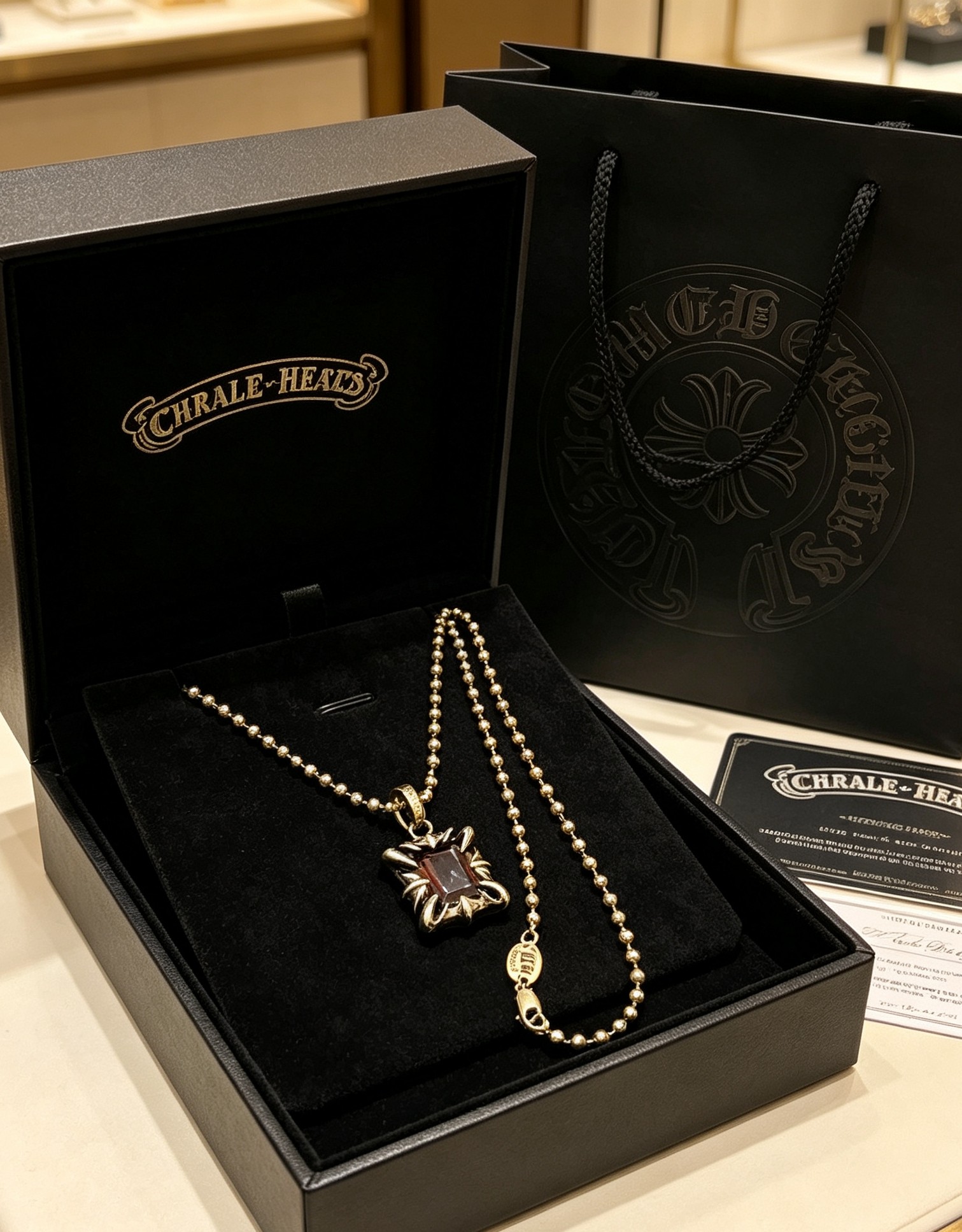 Chrome Hearts 克罗心红宝吊坠项链 爪镶红宝设计 做旧工艺质感高级 圆珠链搭配 甜酷哥特风拉满 日常通勤、约会皆适配