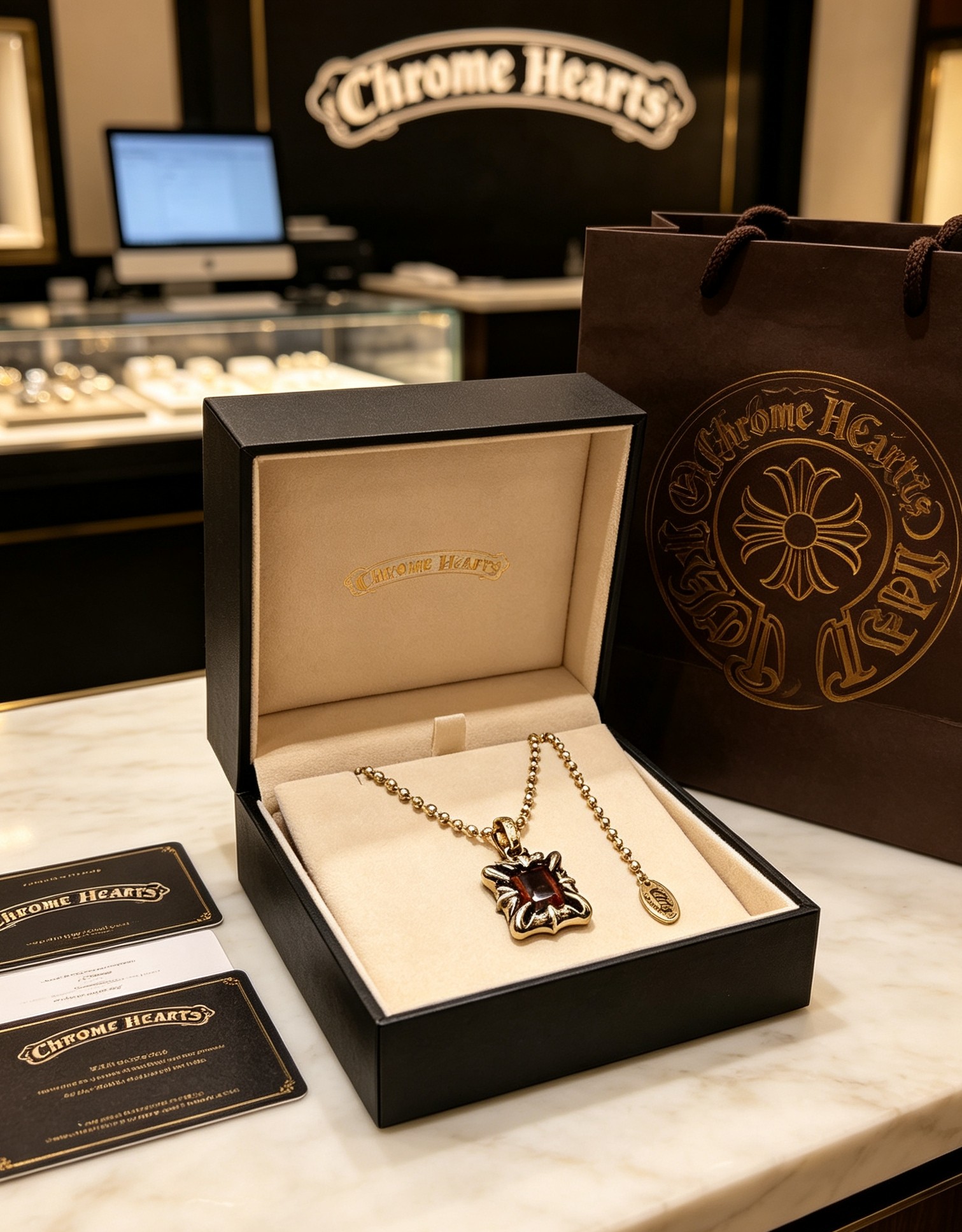 Chrome Hearts 克罗心红宝吊坠项链 爪镶红宝设计 做旧工艺质感高级 圆珠链搭配 甜酷哥特风拉满 日常通勤、约会皆适配
