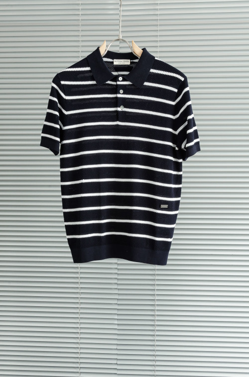 Bottega Veneta Striped Cotton Knit Polo Shirt - Short Sleeve, Classic Fit 1 Bottega Veneta Striped Cotton Knit Polo Shirt - Short Sleeve, Classic Fit