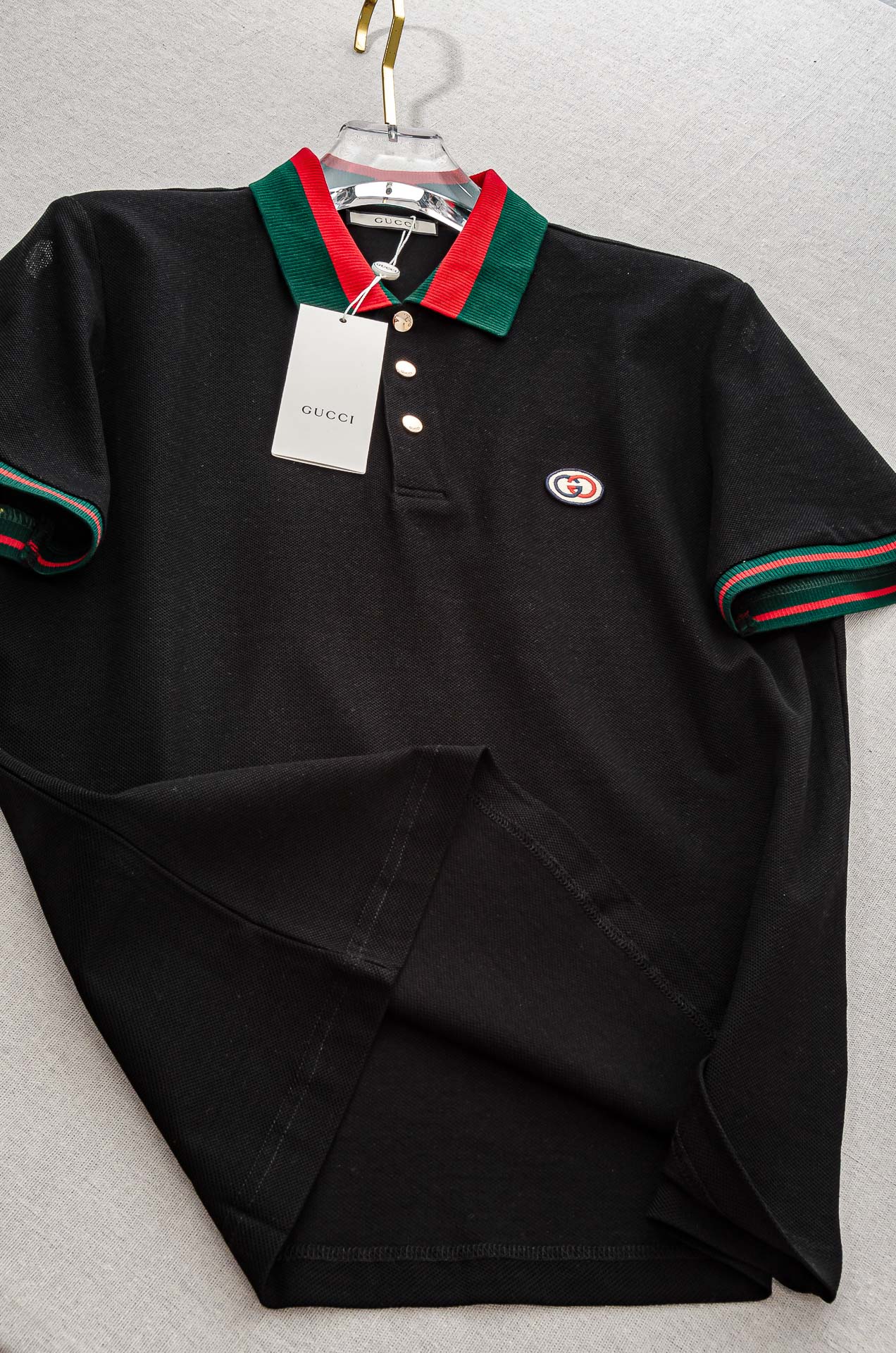 Gu#* cci 古/驰2025//男士商务休闲纯色翻领短袖POLO衫#客供进口100%珠地棉面料，甄选