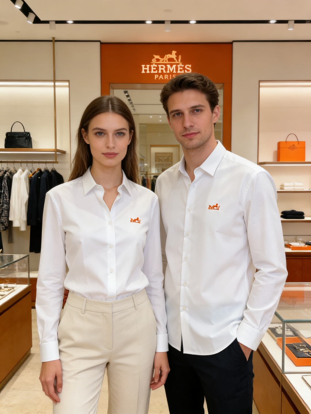爱马仕（Hermès）高端面料和低调奢华的设计著称。左胸橙色Caleche（凯来诗/马车）刺绣，是爱马仕