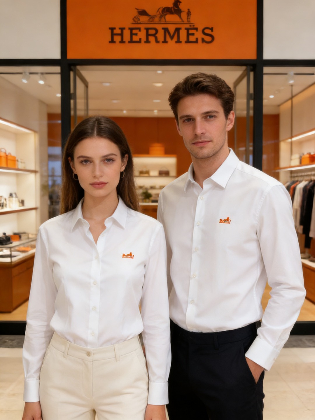 爱马仕（Hermès）高端面料和低调奢华的设计著称。左胸橙色Caleche（凯来诗/马车）刺绣，是爱马仕