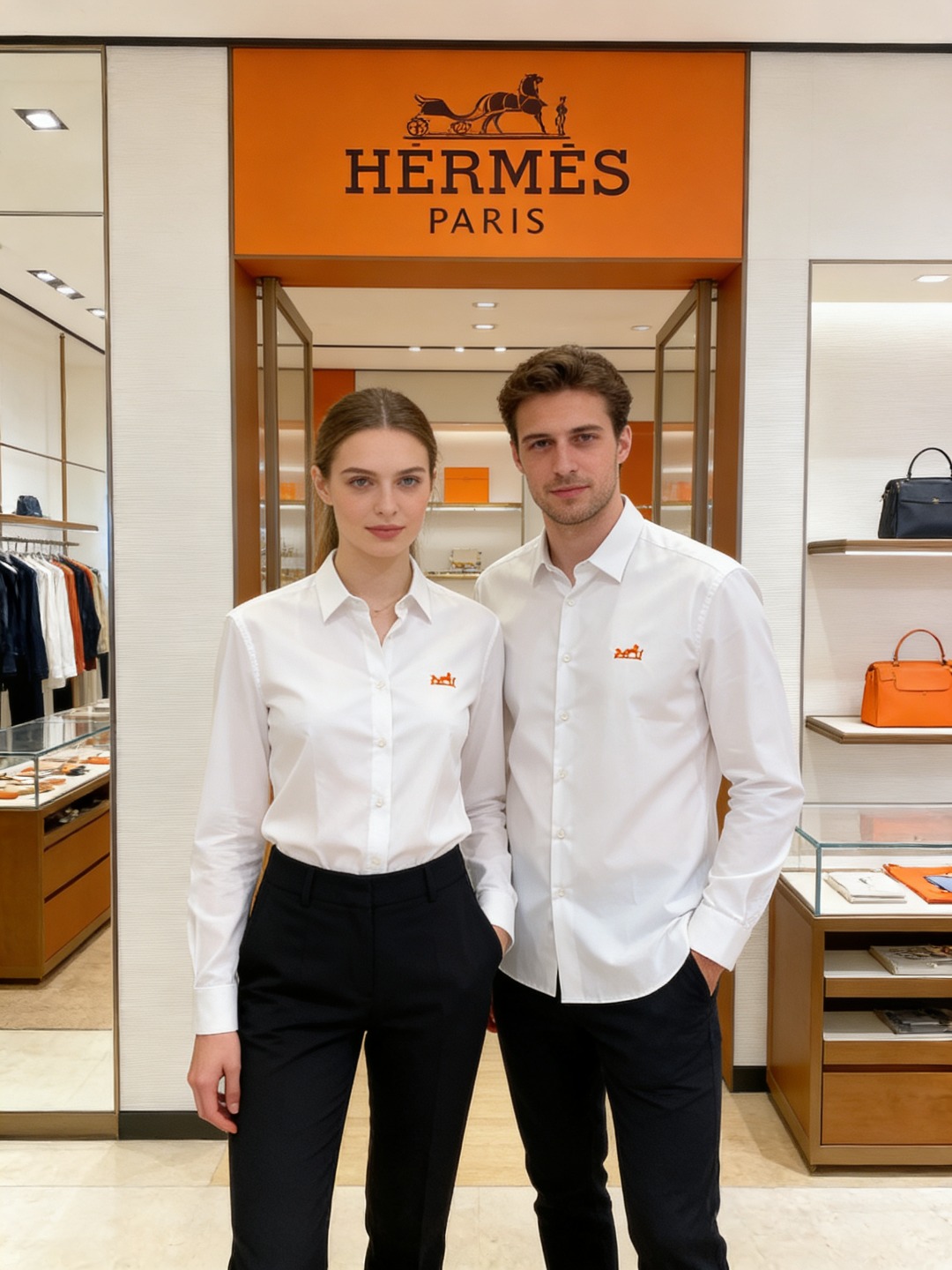 爱马仕（Hermès）高端面料和低调奢华的设计著称。左胸橙色Caleche（凯来诗/马车）刺绣，是爱马仕