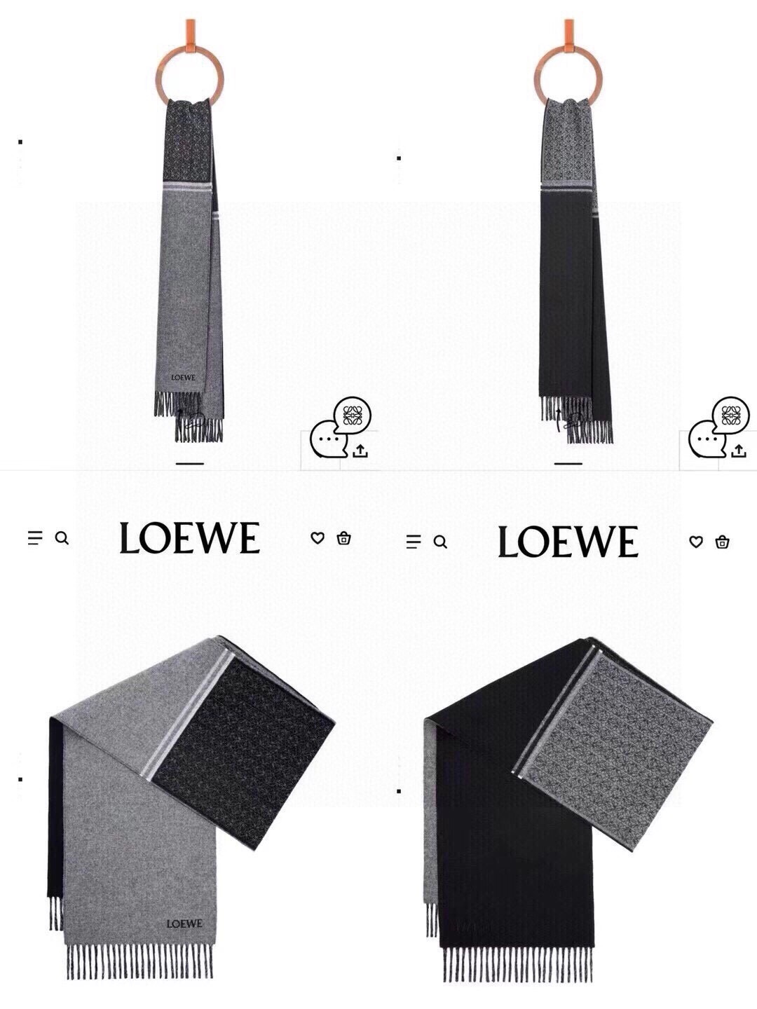 LOEWE最新款双面围巾中克重双面羊毛和羊绒混纺围巾全覆盖提花Anagram流苏边缘角落饰有LOEWE刺