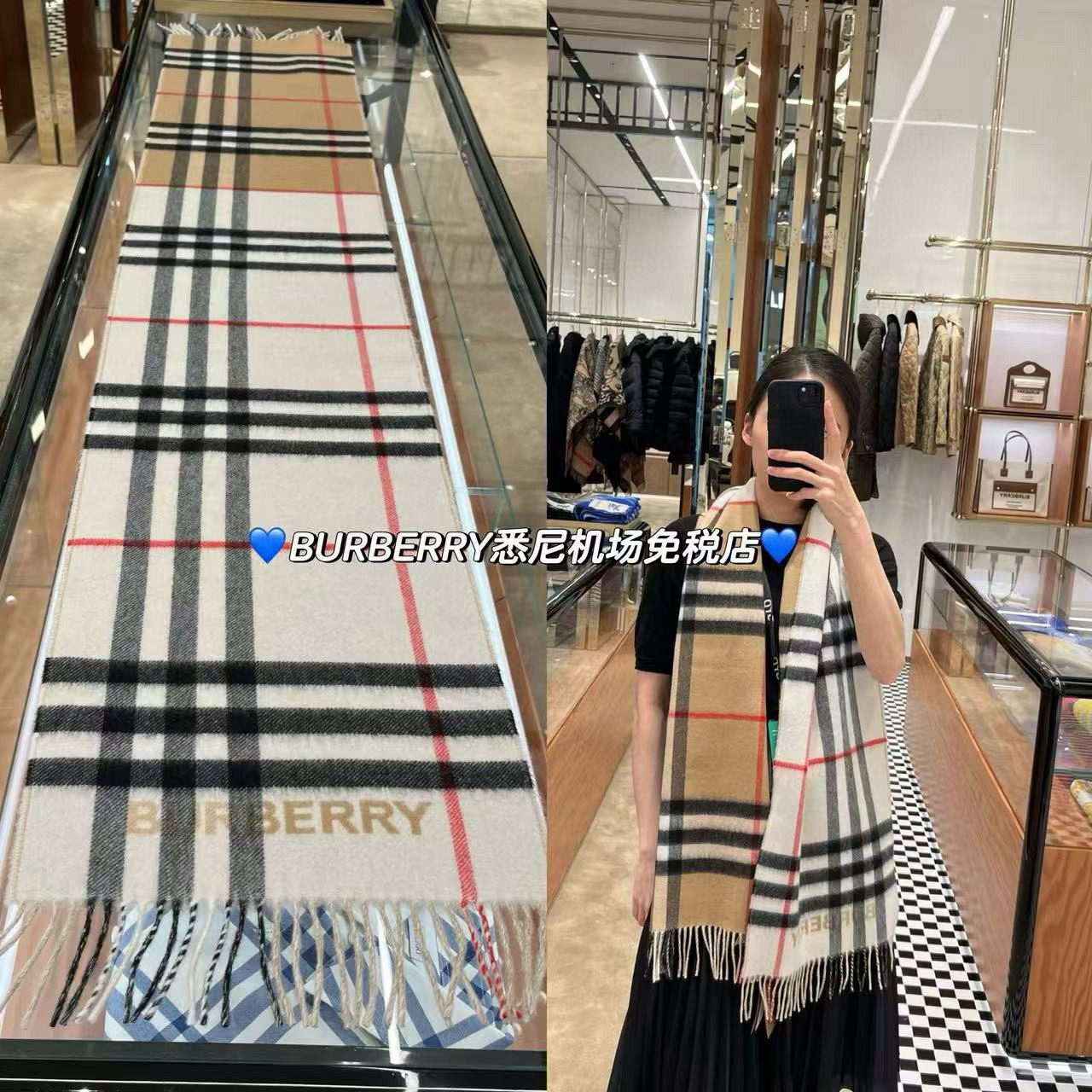 🆕𝐁𝐔𝐑𝐁𝐄𝐑𝐑𝐘对比感格纹想要温暖冬季的必备百搭单品，今年冬天保证 出镜率No. 1⃣️B家羊绒拼色围