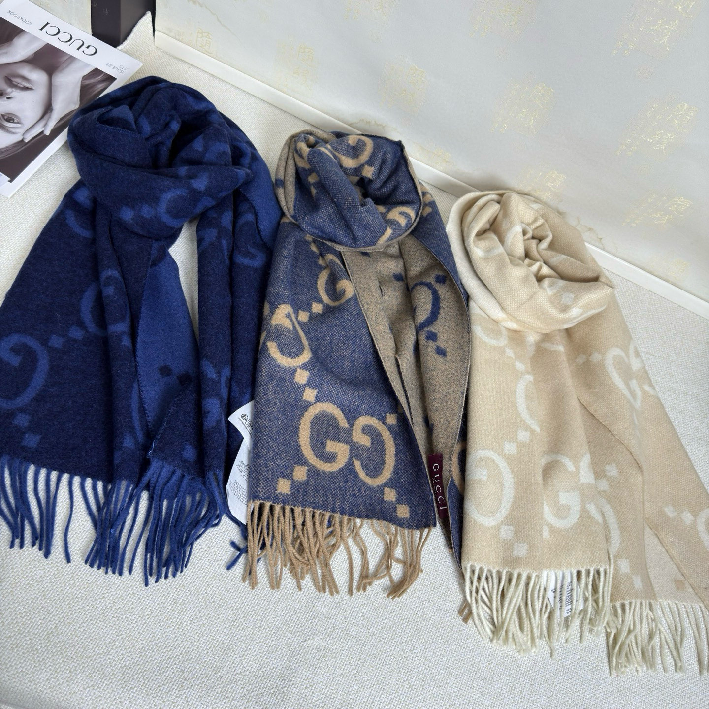 🆕Gucci大G双面羊绒围巾 Size：45*200cm 100%羊绒G家难得纯羊绒出品！超洋气大G提花