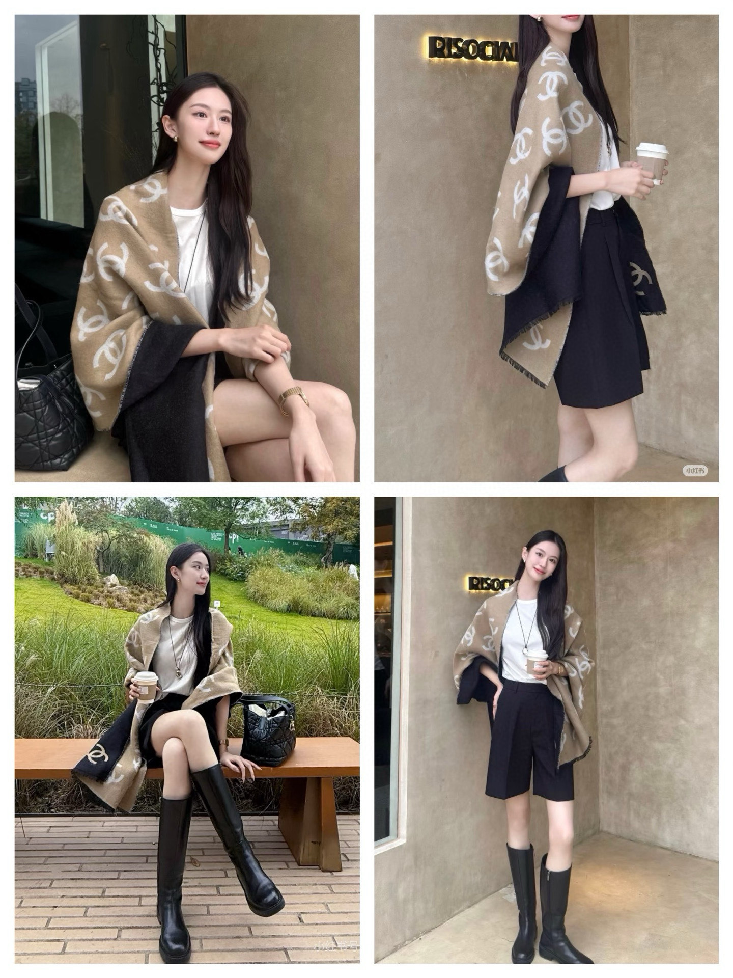 🆕Chanel · 香奶奶25B新款双面羊绒围巾披肩，双面设计，一面素色，一面提花满印经典双C logo