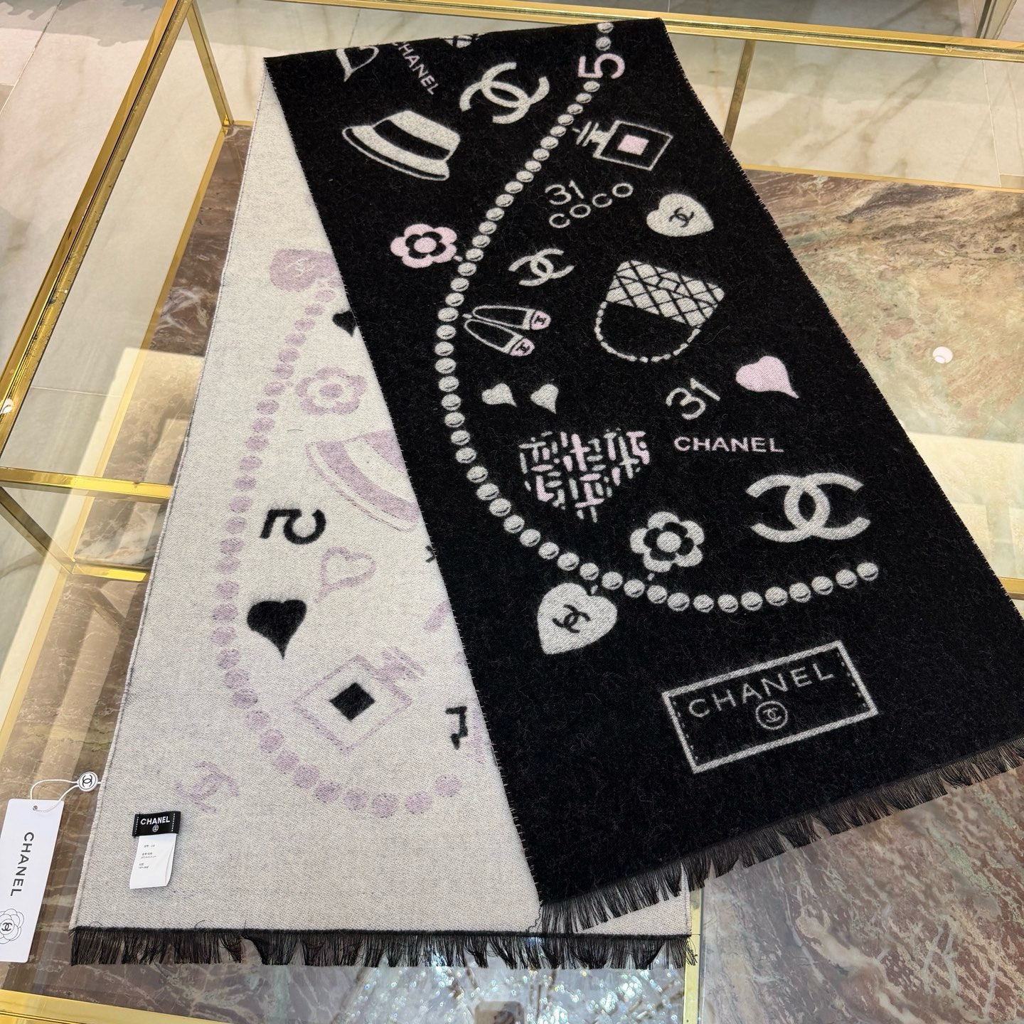 🆕Chanel 25B珍珠coco50*200cm.100%山羊绒精选顶级山羊绒/绵羊毛/桑蚕丝，融合精