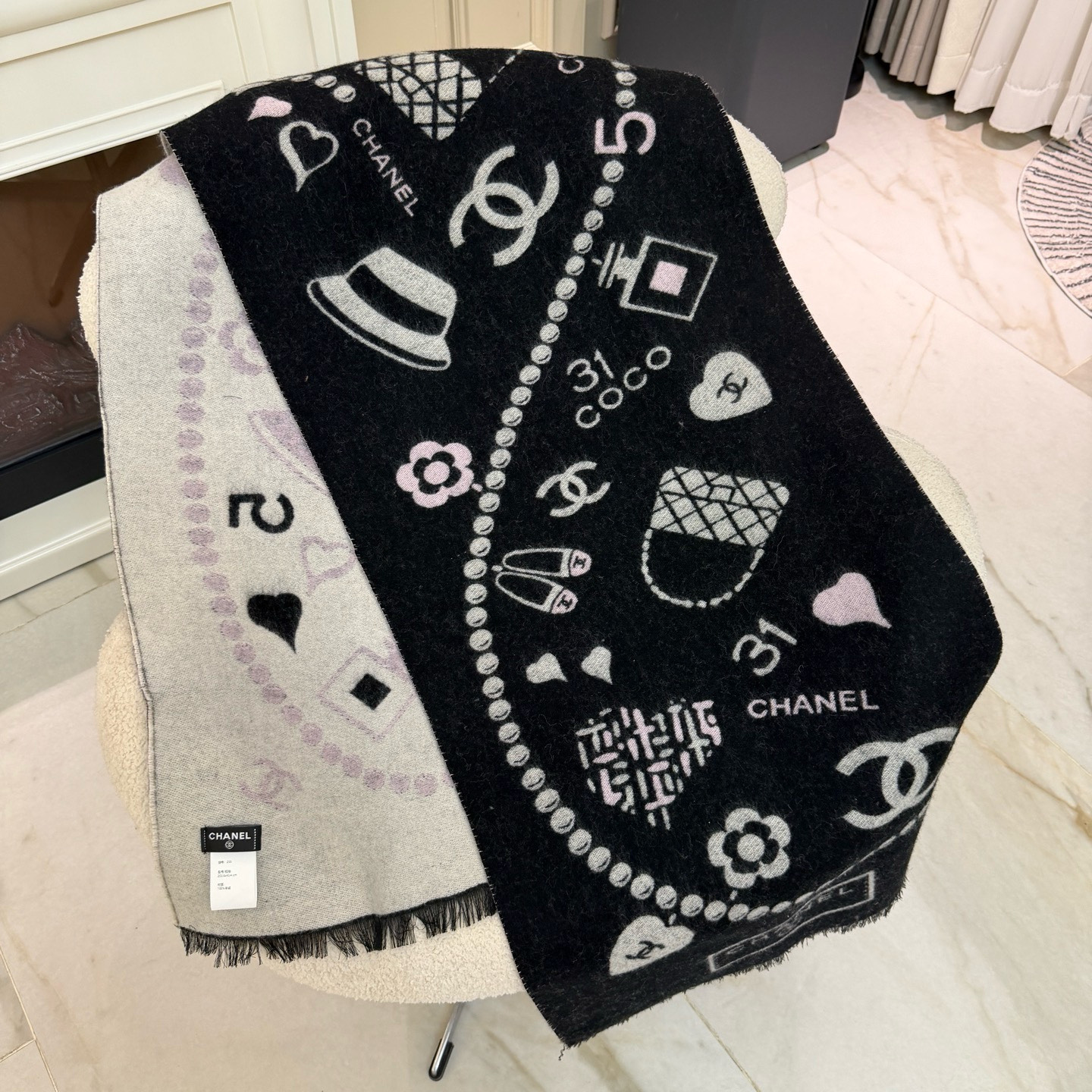 🆕Chanel 25B珍珠coco50*200cm.100%山羊绒精选顶级山羊绒/绵羊毛/桑蚕丝，融合精