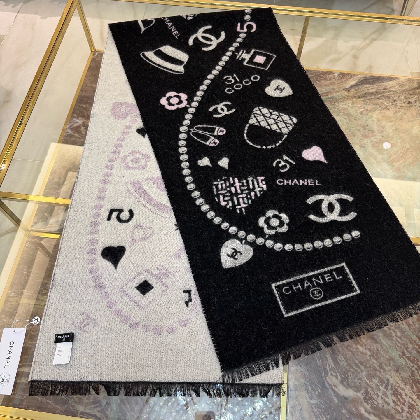 🆕Chanel 25B珍珠coco50*200cm.100%山羊绒精选顶级山羊绒/绵羊毛/桑蚕丝，融合精