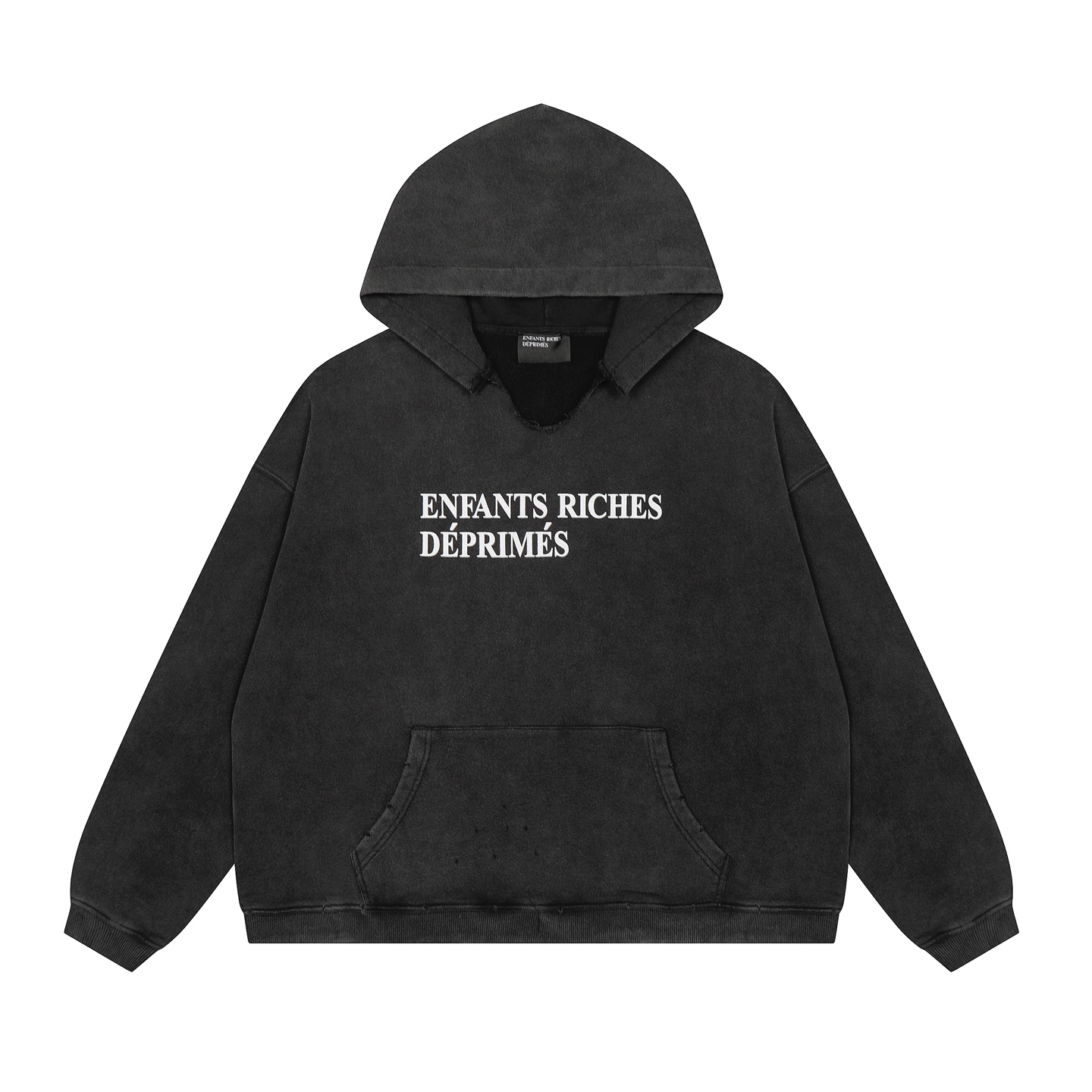 款号E21💰p125【白底图实拍】
✨今年穿富二代一定会暴富✨
Enfants Riches Deprimes 忧郁的富二代基础标语领口破坏设计洗水做旧点磨短宽版型帽衫
面料采用定织纯棉400G食毛毛圈 结构紧密耐磨性好 因为织物品质高 上身才能有硬挺的效果而非市面上普通棉布 面料软而有型 经过洗水过后面料更加舒适有型 洗水做旧 磨破洗水效果非常好 
外表所有肉眼可见的走线均是全身双线缝制，双层帽子特别费面料，整件衣服质感满满！版型巨好！是秋冬必备的一件单品！！
全套定制的YUAN版辅料，吊牌，洗水，主唛，全套辅料定制到位。独特的慵懒版型慵懒超nice，春夏万能搭配不可缺少的出街穿搭必备，自留强烈推荐～
Size: S M L XL
Color:洗水黑/洗水暗紫红