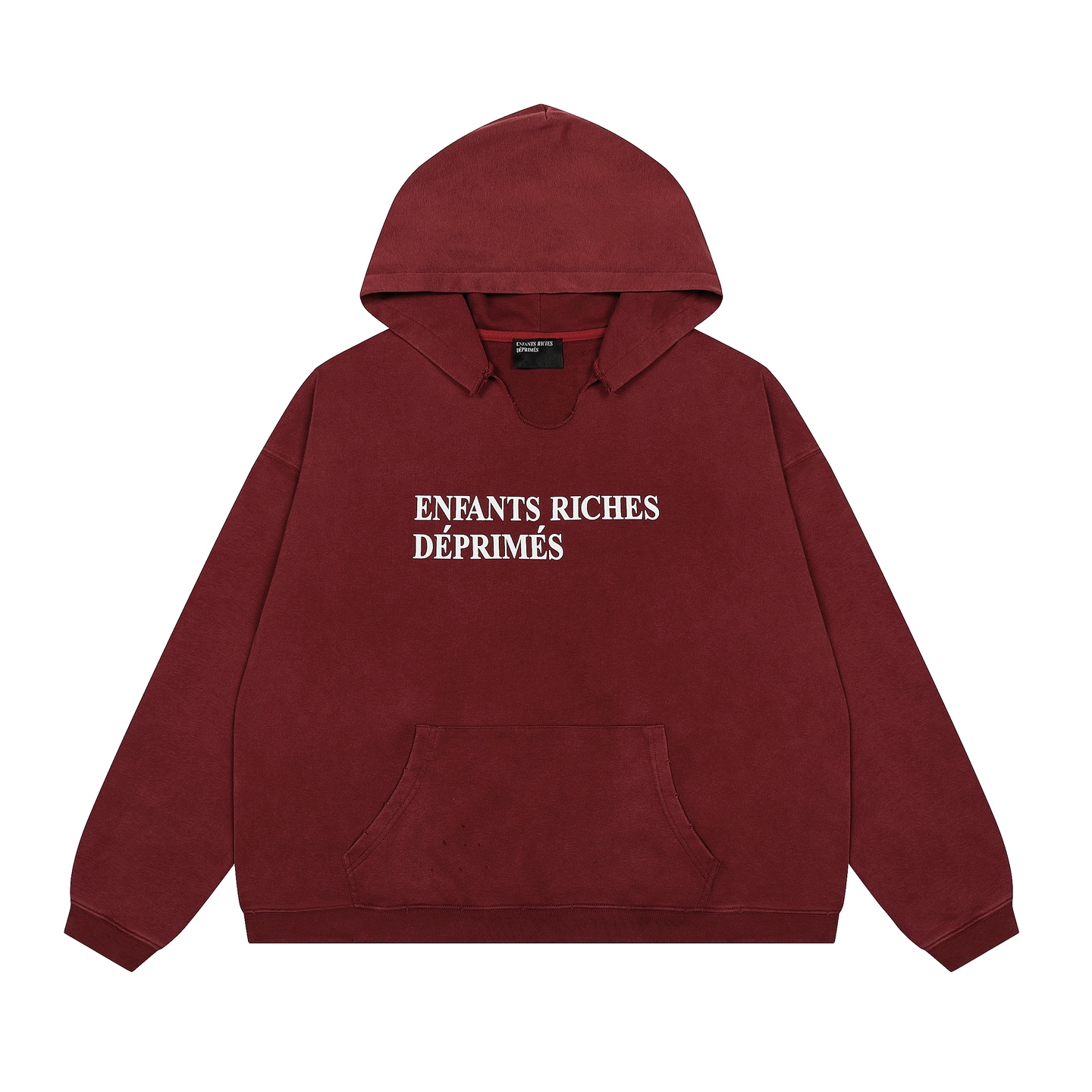 款号E21💰p125【白底图实拍】
✨今年穿富二代一定会暴富✨
Enfants Riches Deprimes 忧郁的富二代基础标语领口破坏设计洗水做旧点磨短宽版型帽衫
面料采用定织纯棉400G食毛毛圈 结构紧密耐磨性好 因为织物品质高 上身才能有硬挺的效果而非市面上普通棉布 面料软而有型 经过洗水过后面料更加舒适有型 洗水做旧 磨破洗水效果非常好 
外表所有肉眼可见的走线均是全身双线缝制，双层帽子特别费面料，整件衣服质感满满！版型巨好！是秋冬必备的一件单品！！
全套定制的YUAN版辅料，吊牌，洗水，主唛，全套辅料定制到位。独特的慵懒版型慵懒超nice，春夏万能搭配不可缺少的出街穿搭必备，自留强烈推荐～
Size: S M L XL
Color:洗水黑/洗水暗紫红