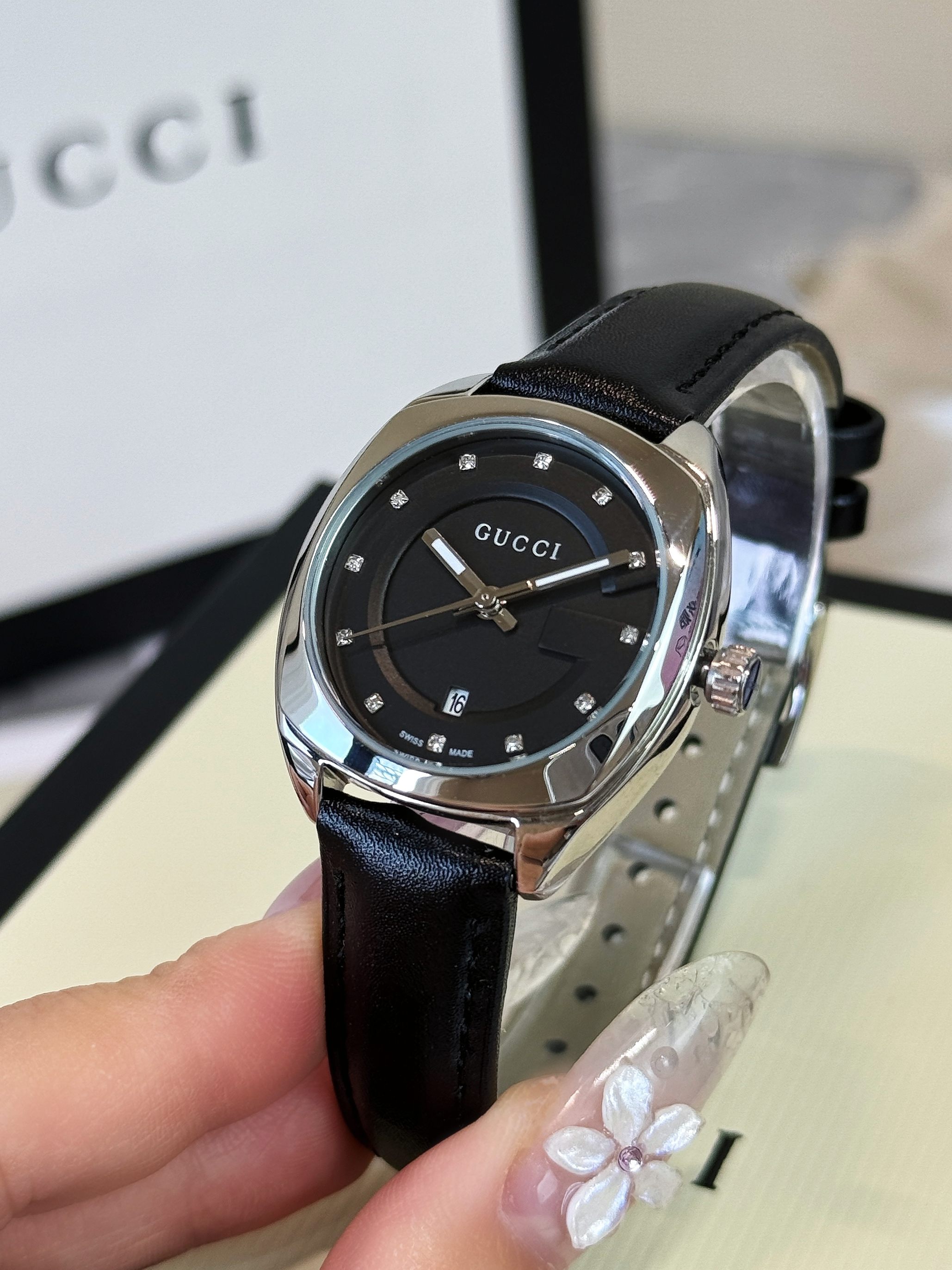 Gucci Women's G-Timeless Black Leather Strap Watch, 29mm, Silver Case