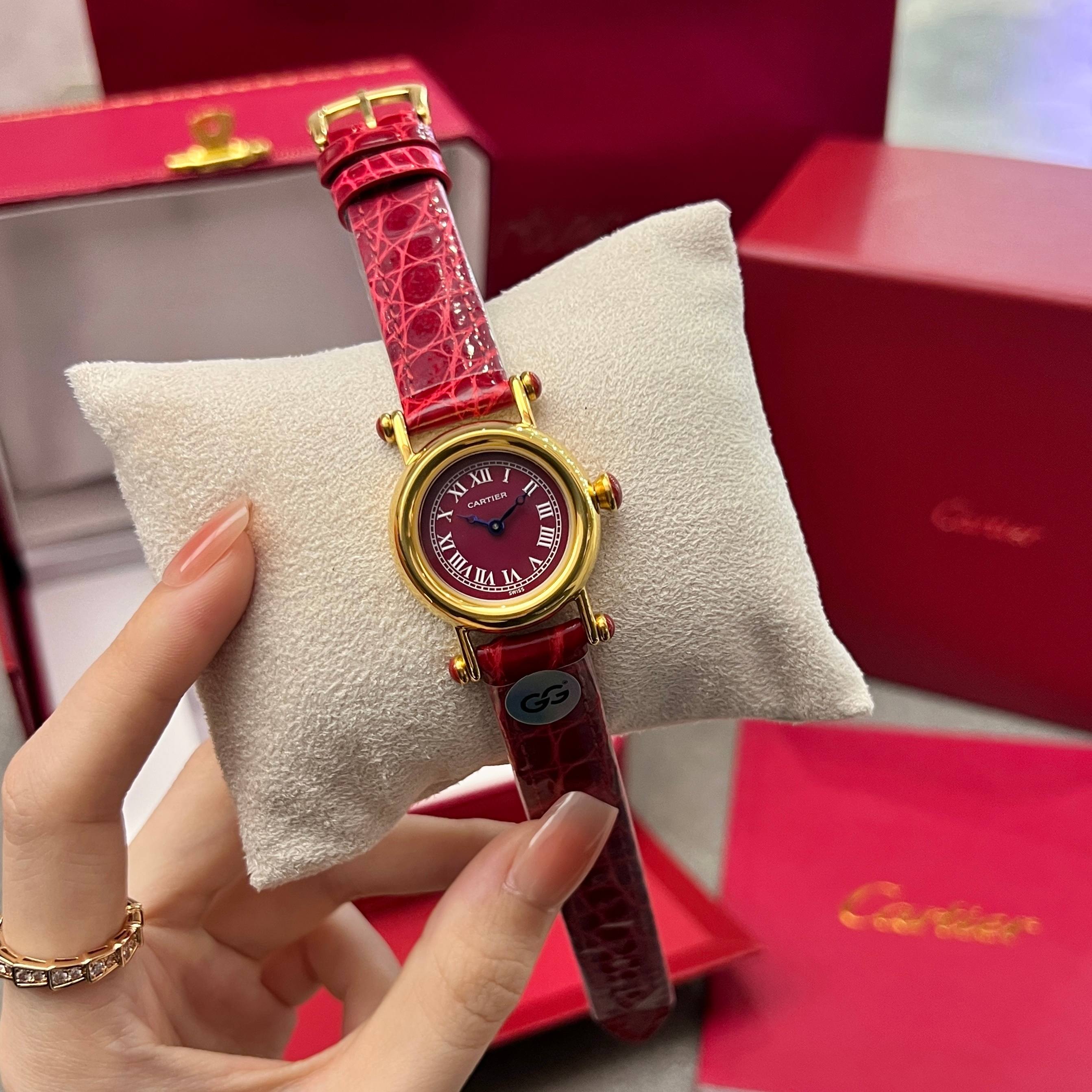 Cartier Diabolo yellow gold case bezel, white dial, red leather strap 27mm Women's Quartz