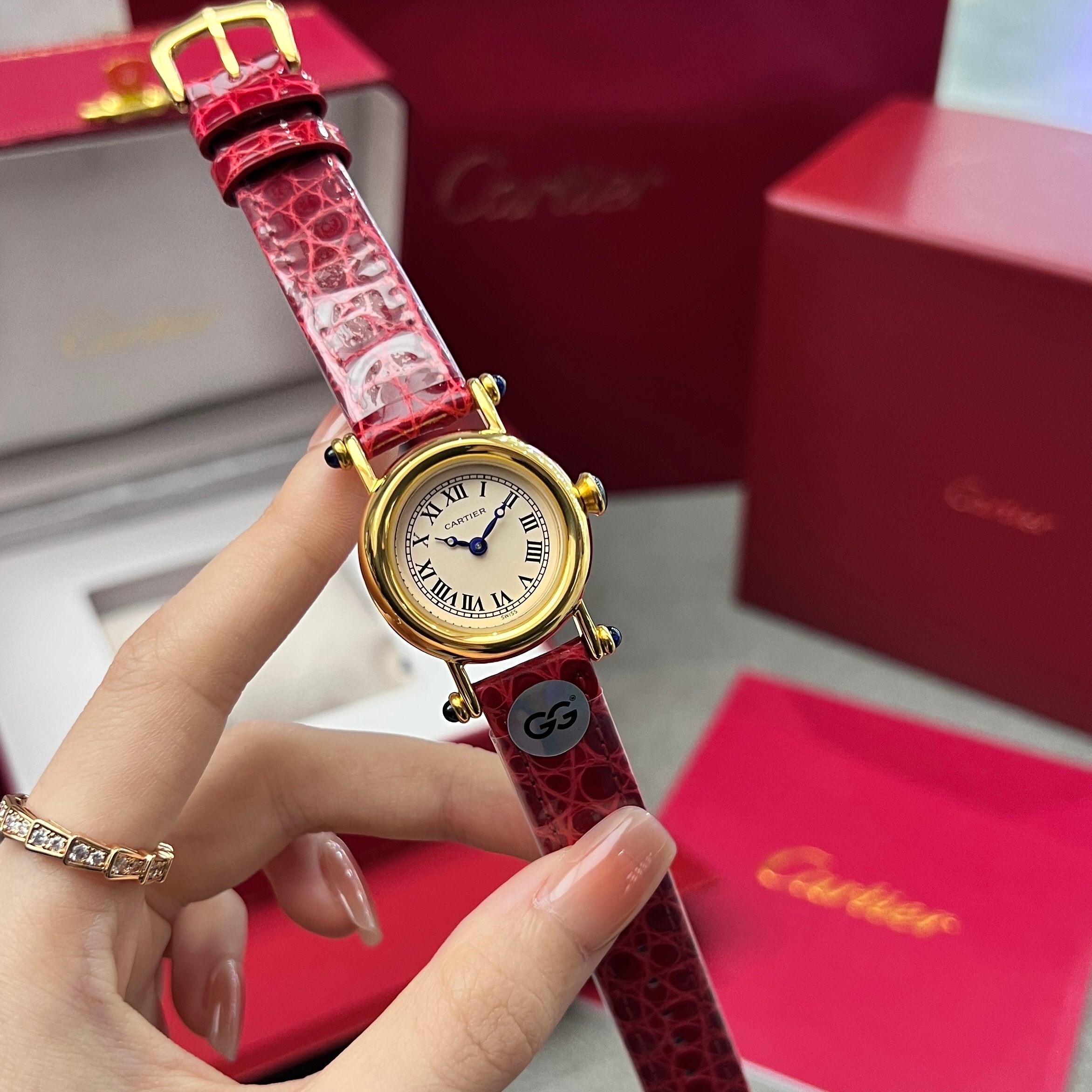 Cartier Diabolo yellow gold case bezel, white dial, red leather strap 27mm Women's Quartz
