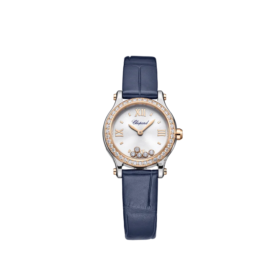 NO:924424,Choard Hay Sort 25mm smart diamond women's watch, the classic Hay Sort Happy Diamond series 25mm diameter double-circle bright leather strap watch, is also one of the brand's most recognizable entry-level luxury watch styles for women. 1. The iconic smart diamonds are embedded with 5 movable diamonds that can slide freely under the dial. They sway with the swing of the wrist. This is the soul design of the series, implying happiness and smartness, and is also Chopard's most classic patented design. 2. Dial and color matching  The four exclusive colors in the picture are all sun pattern/mother-of-pearl monochrome dial + glossy calfskin double-wound strap of the same color - Silvery white dial + navy blue strap is simple and versatile, low-key for commuting - Mint green dial + dark green strap is a fresh spring and summer color system, gentle and niche - Peach pink dial + wine purple strap is sweet and gentle, with a strong sense of atmosphere - Electric blue dial + bright blue strap is eye-catching, cool and advanced  The dial uses Roman numerals, with slim dauphine hands, small size (25mm), 25mm quartz movement, glossy patent calfskin, double-layer wrap-around wear, fits the wrist, light luxury daily versatile women's watch, taking into account the sense of jewelry and practicality, suitable for commuting, dating, and leisure scenes  The public price of a single piece in the series is about 30,000 yuan, and the limited-color models are very popular. With their compact size, smart diamonds and rich macaron colors, they are the entry-level classic models that are popular all year round among Chopard women's watches.,,chopard,chopard,cowhide19860909萧邦Choard Hay Sort 25mm灵动钻石女表,经典Hay Sort快乐钻石系列25毫米直径双圈亮皮表带腕表,也是品牌最具辨识度的女士入门奢华腕表款式之一.  1.标志性灵动钻石 表盘下方内嵌5颗可自由滑动的活动钻石,随手腕摆动不停晃动,是该系列灵魂设计,寓意快乐灵动,也是萧邦最经典的专利设计. 2.表盘与配色 图中四款专属配色均为太阳纹/珍珠母贝单色表盘+同色系亮面小牛皮双绕表带  - 银白盘+藏蓝表带简约百搭,通勤低调 - 薄荷绿盘+墨绿表带清新春夏色系,温柔小众 - 蜜桃粉盘+酒紫表带甜美温柔,氛围感强 - 电光蓝盘+亮蓝表带亮眼吸睛,冷调高级 表盘采用罗马数字时标,搭配纤细太妃指针,尺寸小巧（25mm）, ,25mm石英机芯,亮面漆皮小牛皮,双层环绕式佩戴,贴合手腕,轻奢日常百搭女表,兼顾珠宝感与实用性,穿搭适配通勤、约会、休闲多种场景 系列单只公价约3万余元人民币,色彩限定款热度很高,凭借小巧尺寸、灵动钻石和丰富马卡龙配色,是萧邦女士腕表里常年热销的入门经典款.,,chopard,chopard,cowhide,Watch