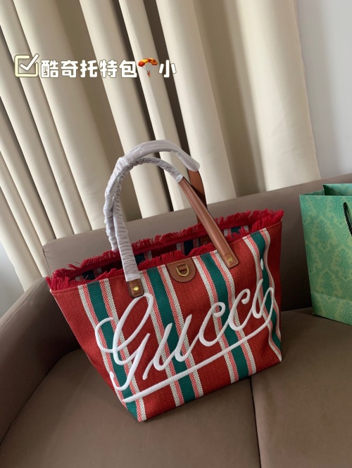 Gucci Small Tote Bag Striped Canvas with Embroidered Logo, Red/Green 1 Gucci Small Tote Bag Striped Canvas with Embroidered Logo, Red/Green