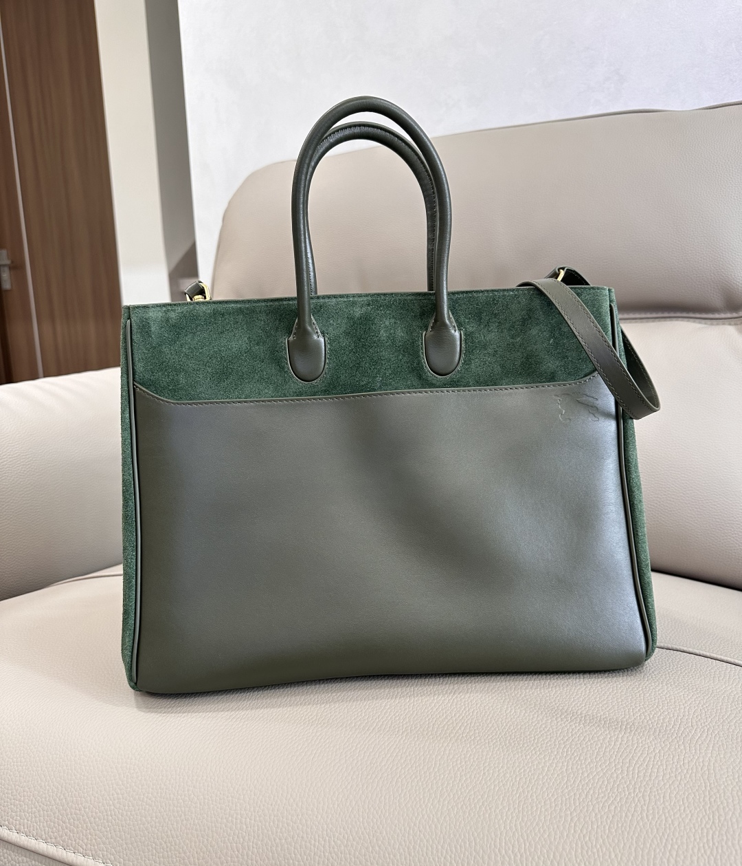 B Green Suede Leather Tote Bag with Detachable Shoulder Strap, 35.5x18x28cm 3 a1743750235650 3565