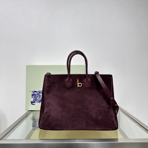 Burberry Suede Tote Bag with 'b' Clasp, Italian Crafted, Large Size 1 Burberry Suede Tote Bag with 'b' Clasp, Italian Crafted, Large Size