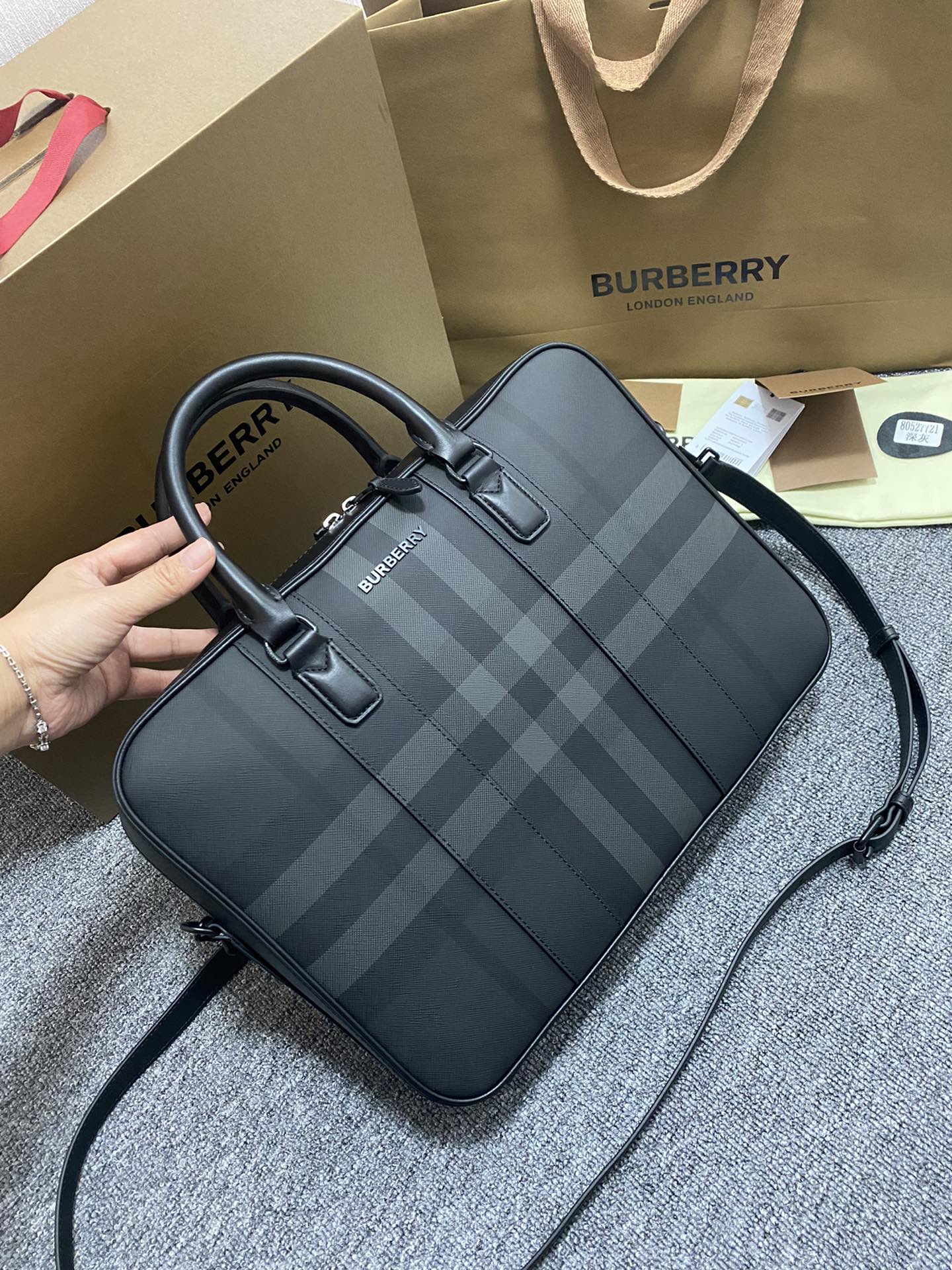 Burberry Briefcase Black Charcoal Check business