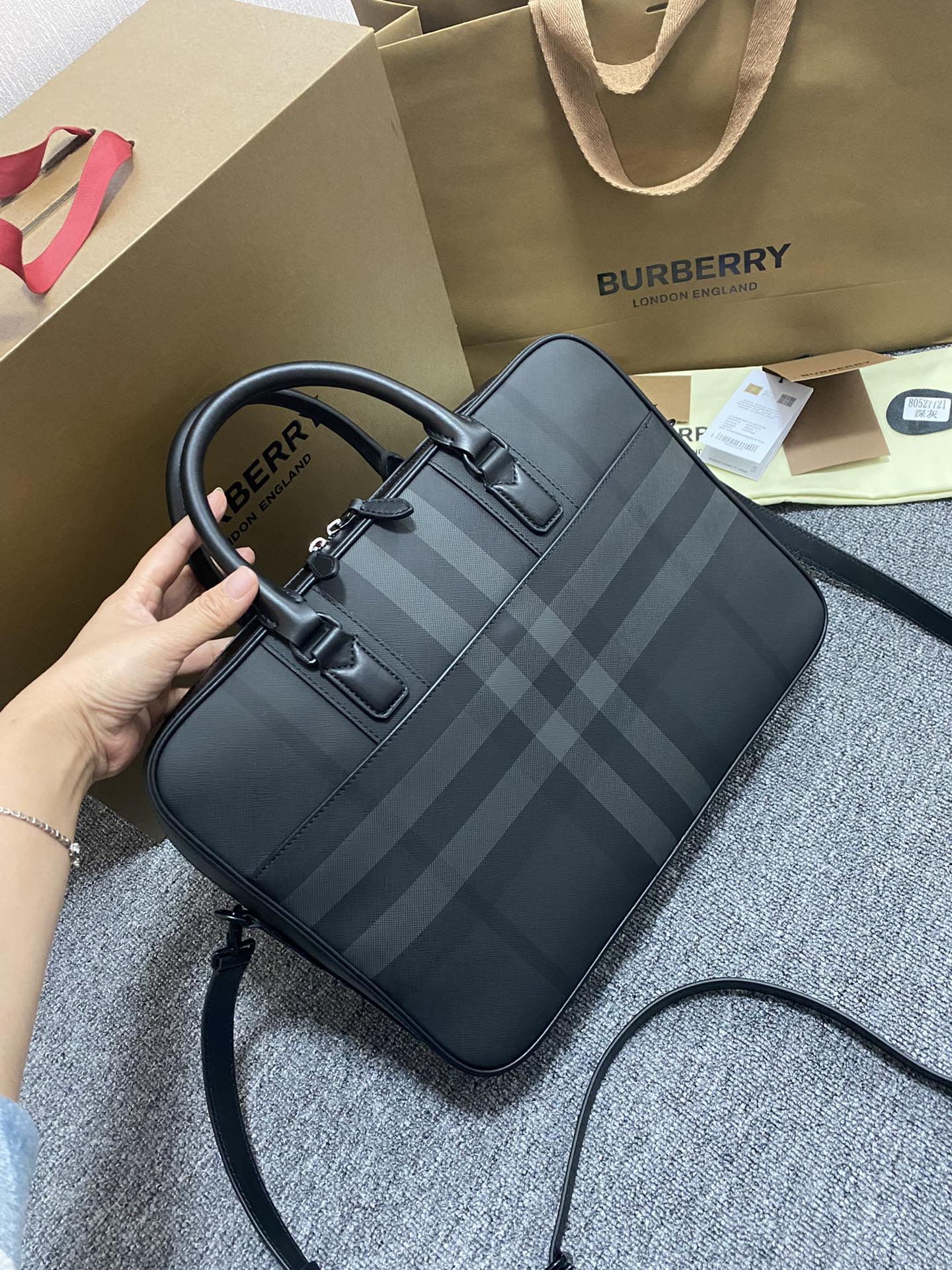 Burberry Briefcase Black Charcoal Check business