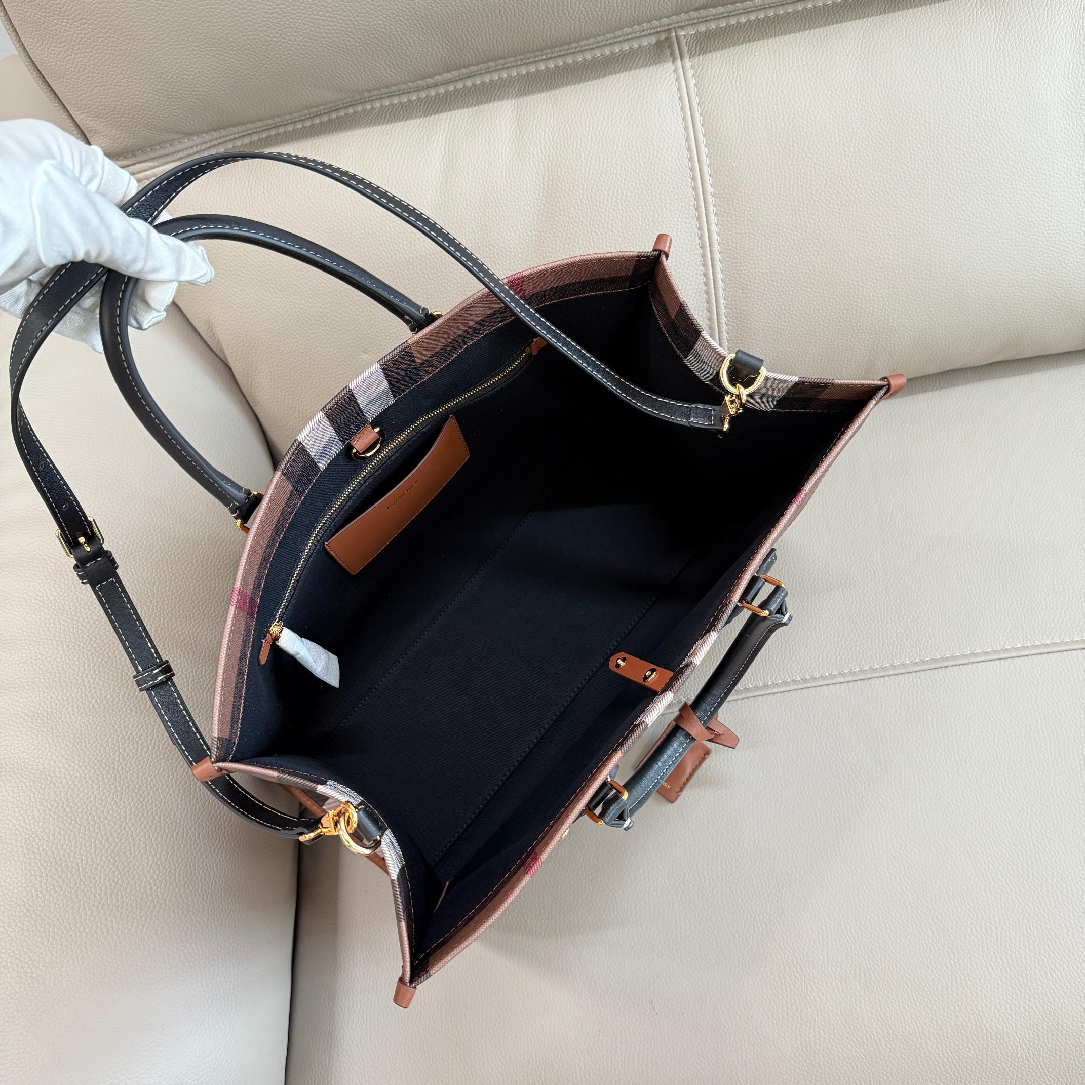 Burberry bag B's latest birch brown plaid tote bag, topstitched leather, adjustable cross-body strap, bio-based materials, waterproof, dirt-proof, wear-resistant — photo 7