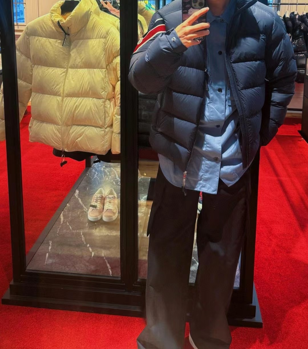 蒙口 三色彩条织带 羽绒服 上身效果图！