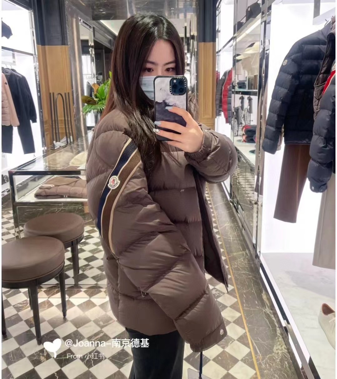 蒙口 三色彩条织带 羽绒服 深棕色 上身效果图！情侣款💑