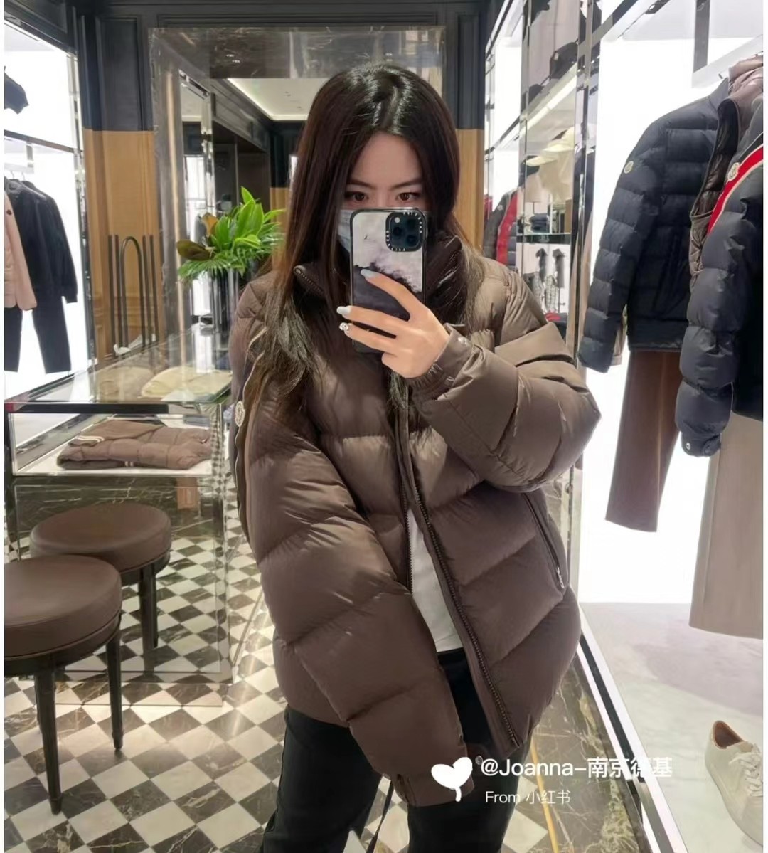 蒙口 三色彩条织带 羽绒服 深棕色 上身效果图！情侣款💑