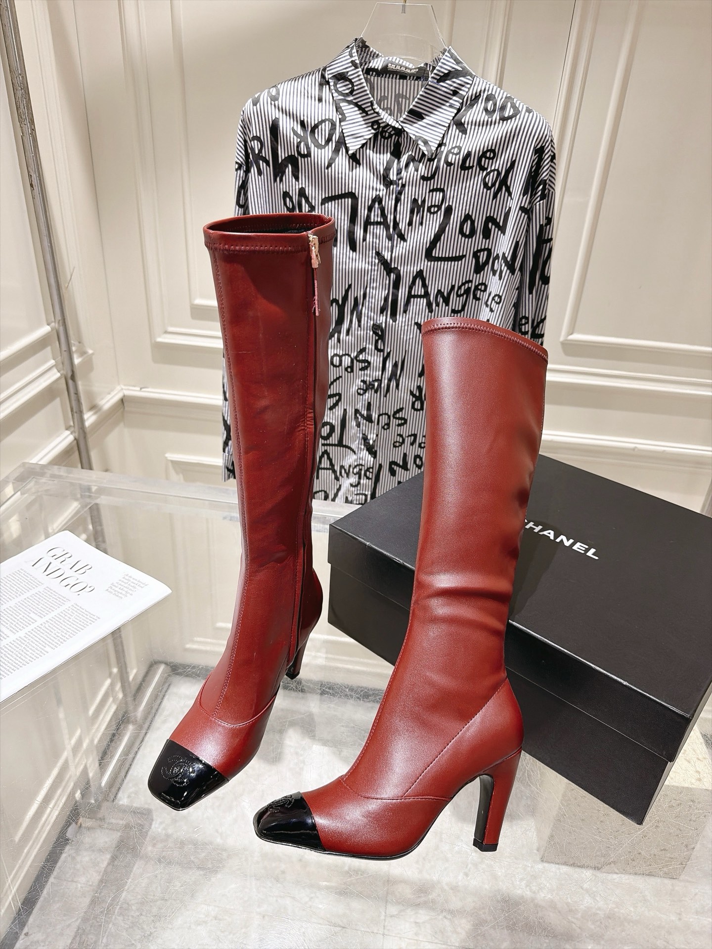 Chanel Red Cap-Toe Knee-High Boots