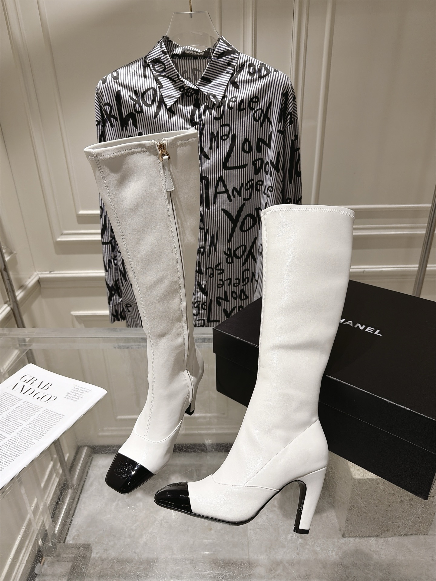 Chanel White Cap-Toe Knee-High Boots